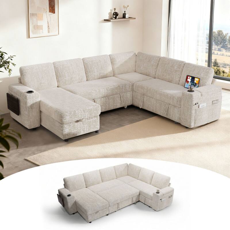Angle. Dyonery - 110" Modular Sectional Sofa with Pull Out Bed,Chenille Fabric 7 Seat Sectional Sleeper Sofa with Storage,for Living Room - Beige.