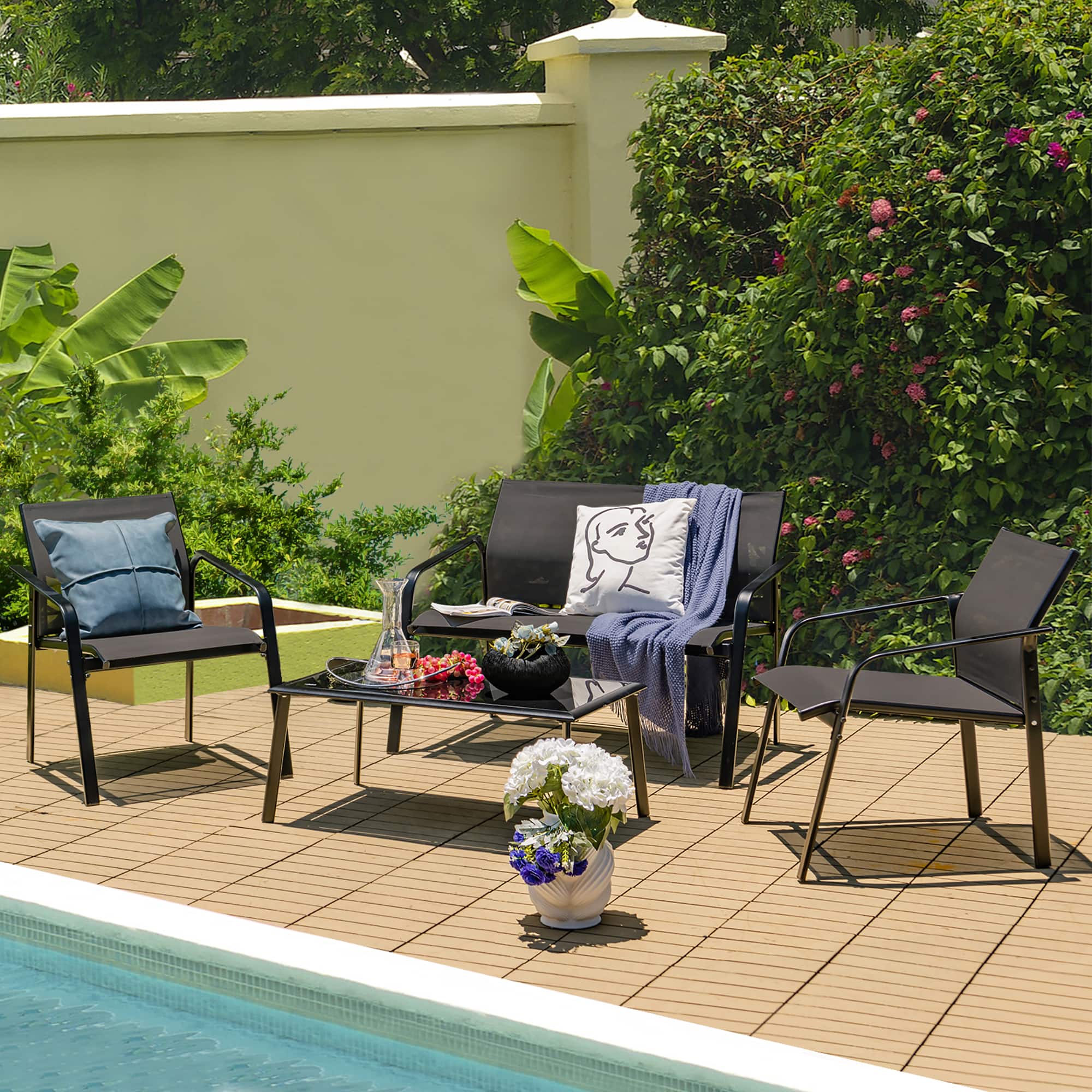 Gymax - 4PCS Patio Conversation Futniture Set w/ Fabric and Anti-Rust Steel Frame - Black