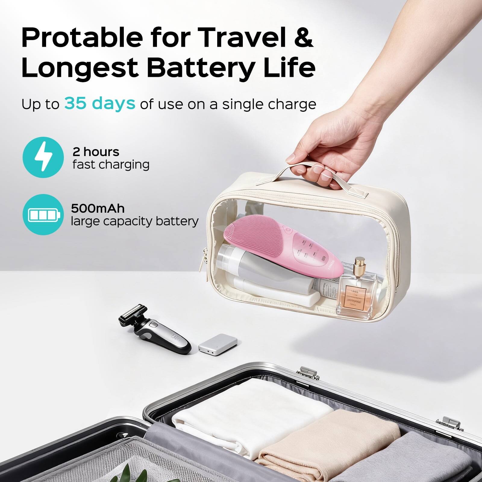 Portable for Travel & Longest Battery Life  
Up to 35 days of use on a single charge  
2 hours fast charging  
500mAh large capacity battery