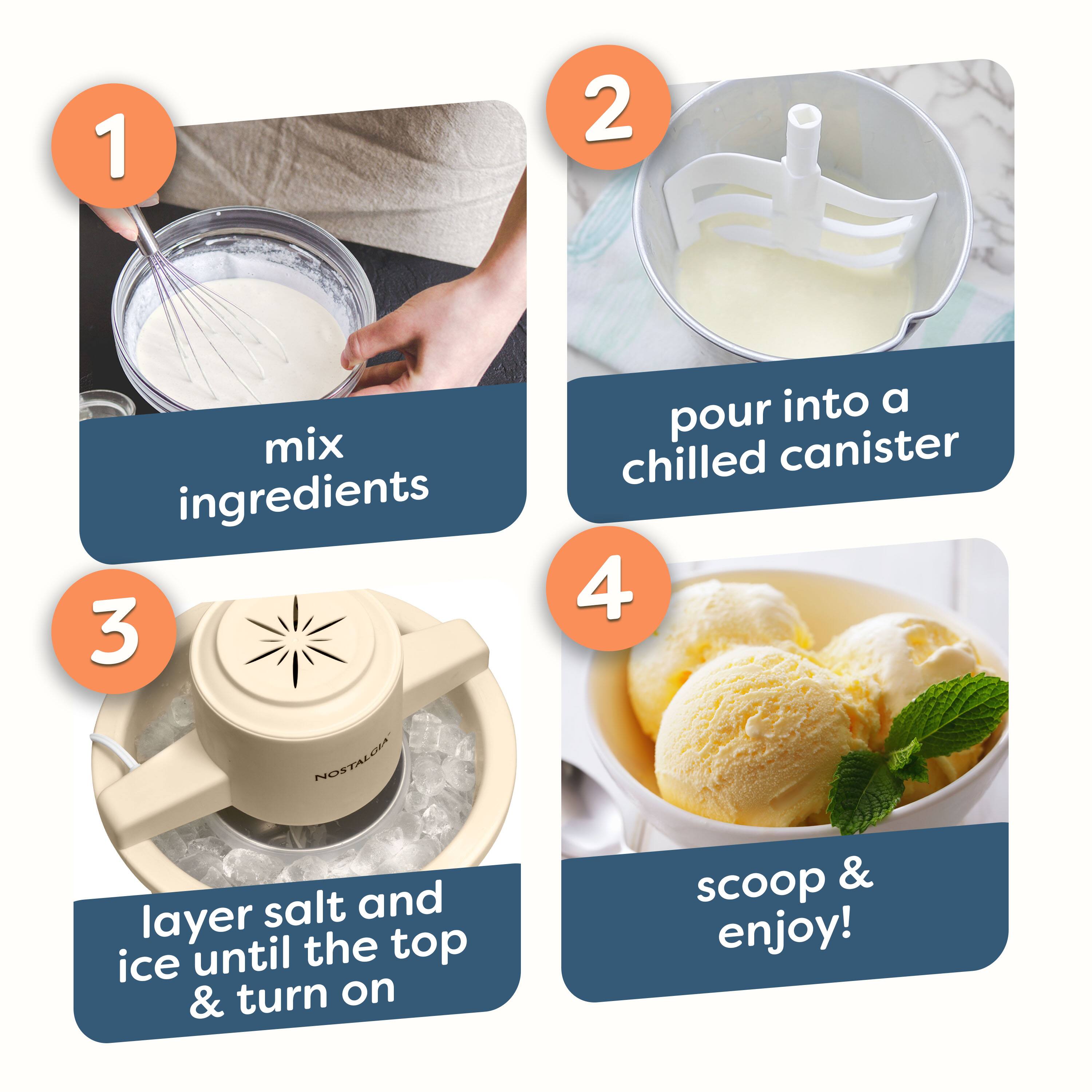 1. Mix ingredients
2. Pour into a chilled canister
3. Layer salt and ice until the top & turn on
4. Scoop & enjoy!