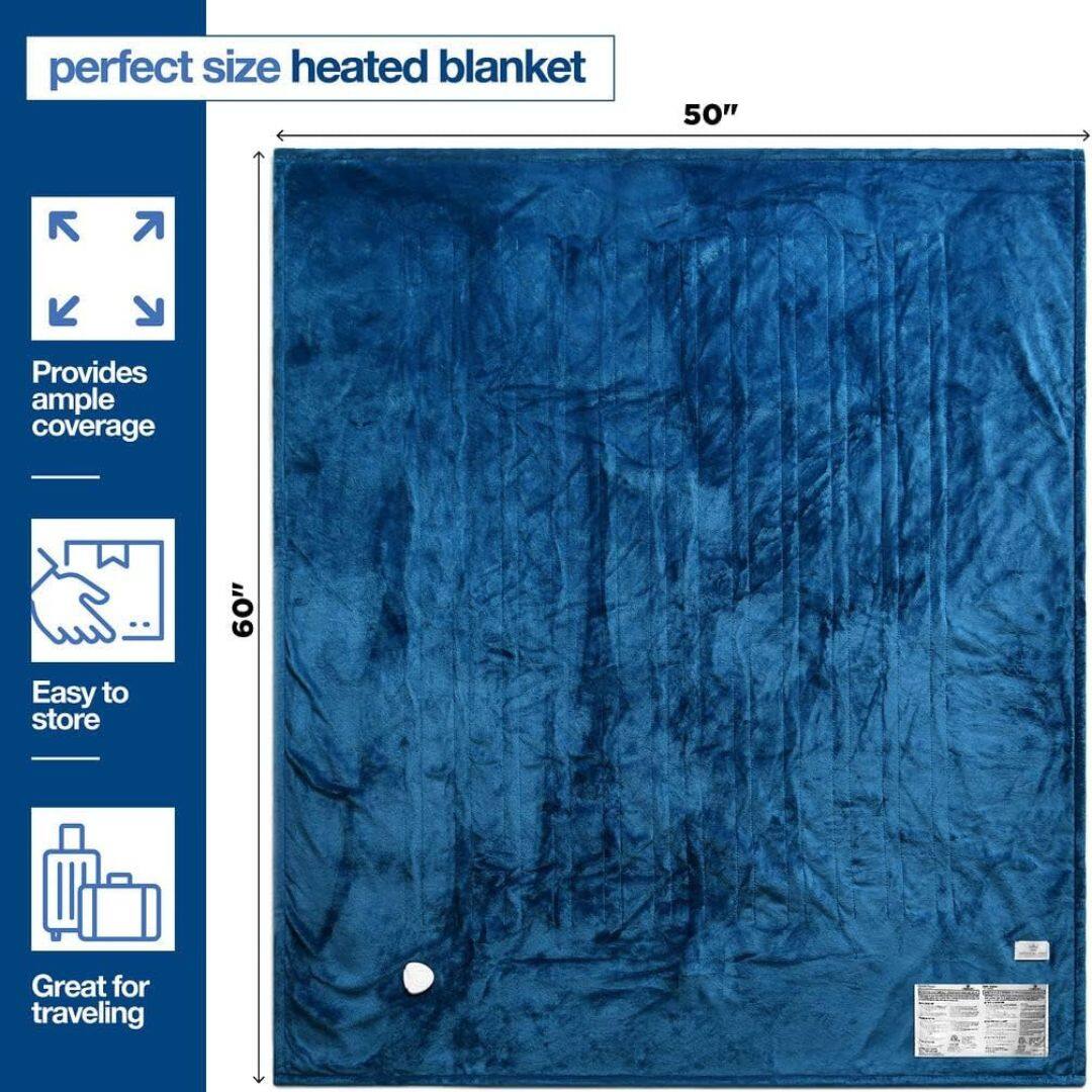 perfect size heated blanket

50" x 60"

Provides ample coverage

Easy to store

Great for traveling
