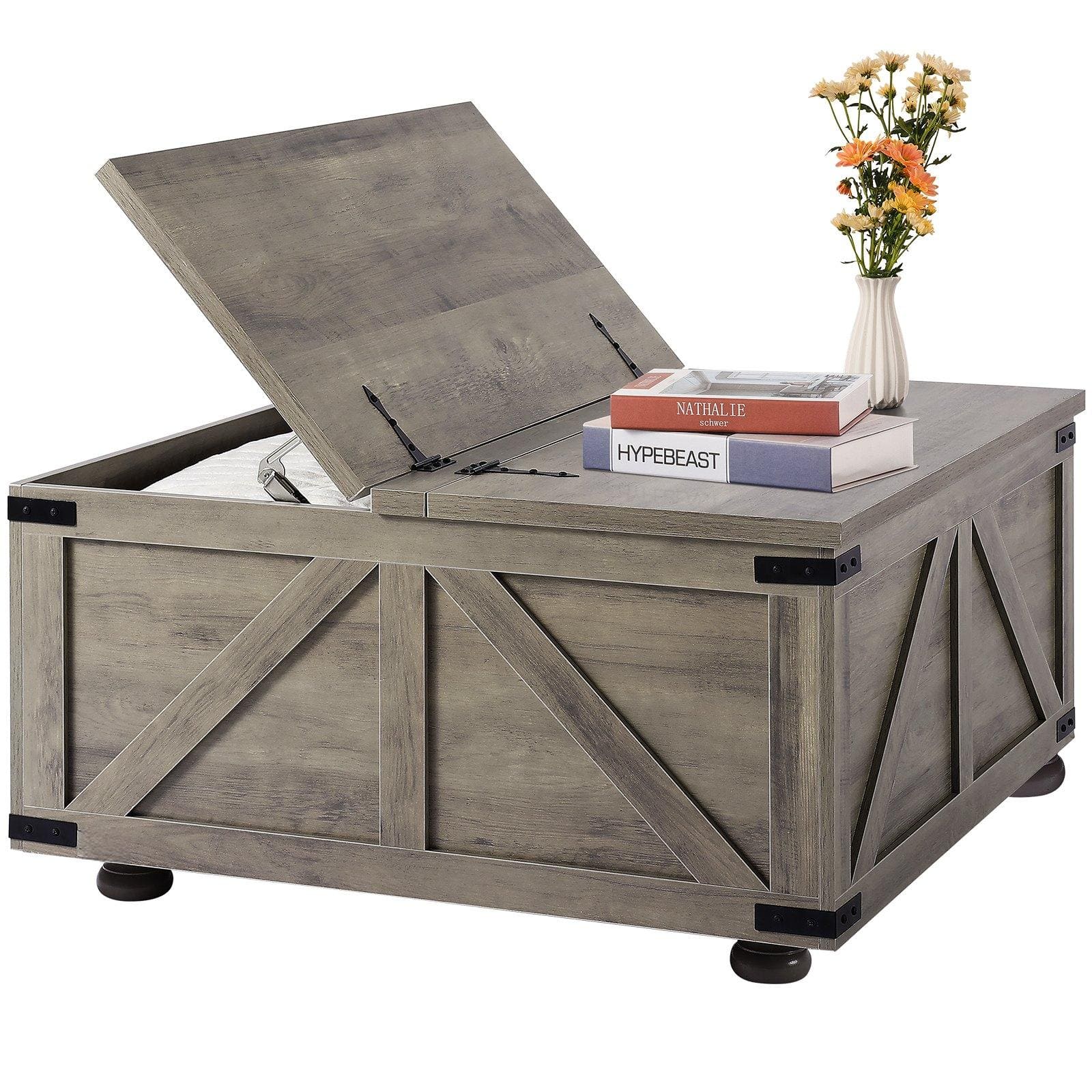 Glintex - 36 in Farmhouse Coffee Table, Square Wooden Center Table with Large Storage Compartment for Living Room - Gray-Brown