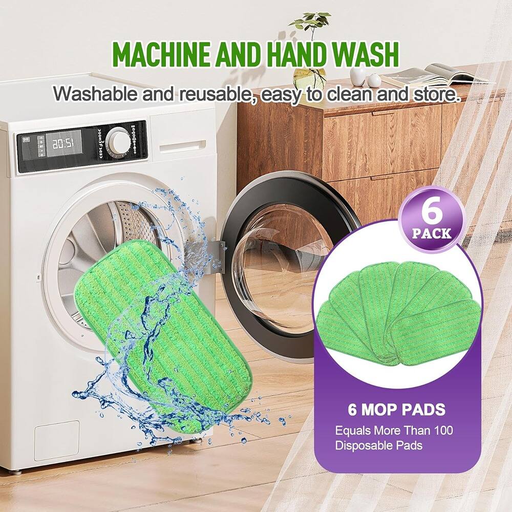 MACHINE AND HAND WASH  
Washable and reusable, easy to clean and store.  

6 PACK  
6 MOP PADS  
Equals More Than 100 Disposable Pads