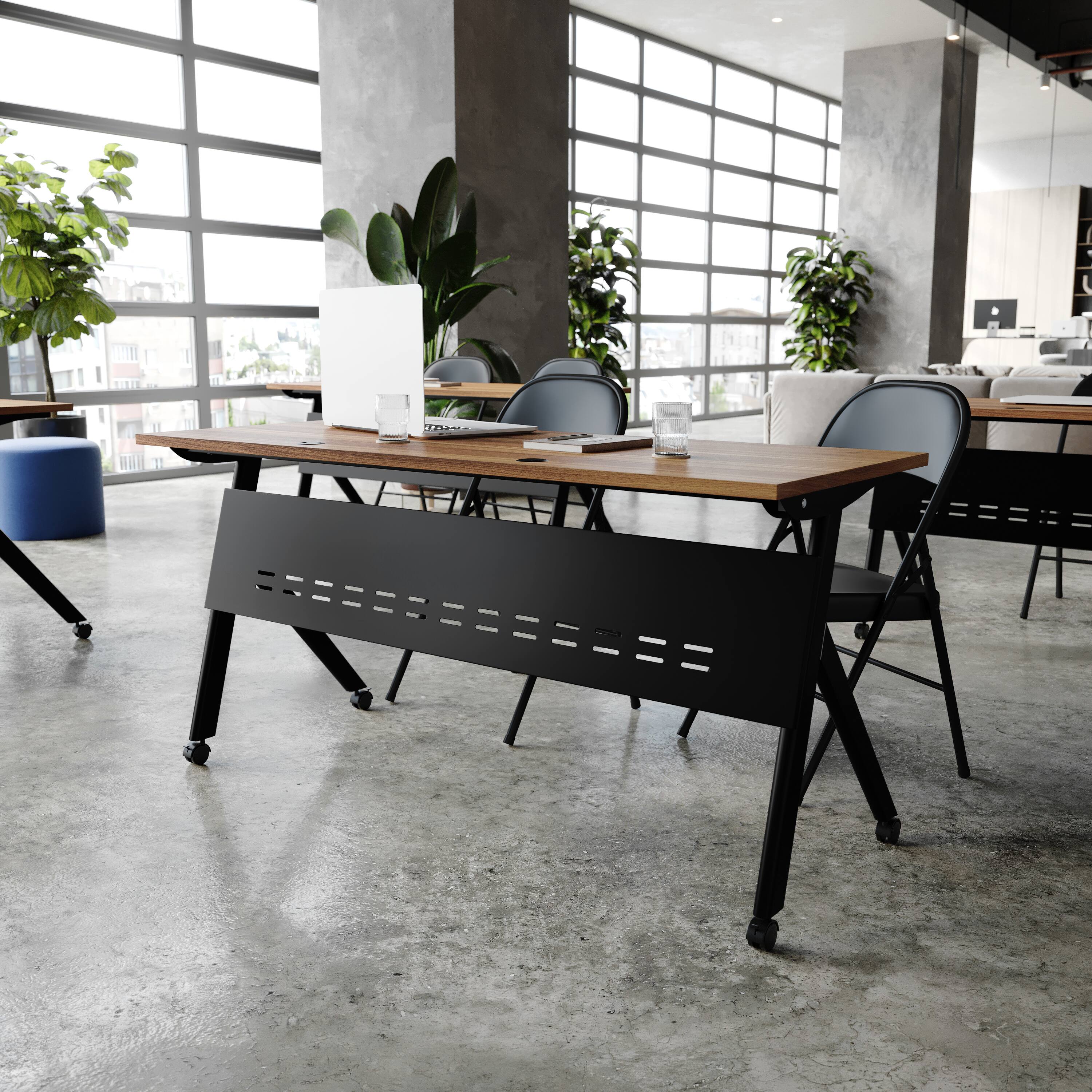Alt View 1. Flash Furniture - Davis Commercial Grade 60" x 24" Heavy-Duty Nesting Flip Training Table with Y-Legs, Modesty Panel, 1" Thick Walnut Tabl - Brown.