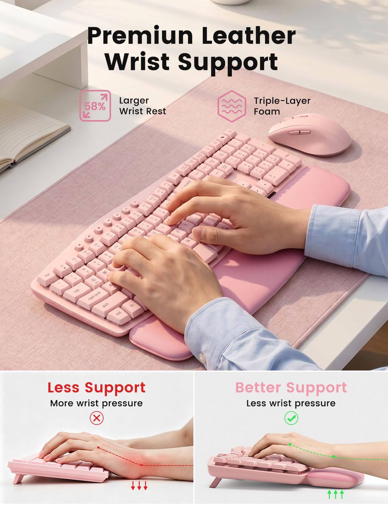 Premium Leather Wrist Support

Larger 58% Wrist Rest
Triple-Layer Foam

Less Support More wrist pressure
Better Support Less wrist pressure