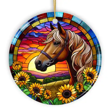 Front. OrnamentallyYou - Sunset Horse and Sunflowers Ornament Breathtaking Gift for Horse Lovers - Multi-colored.