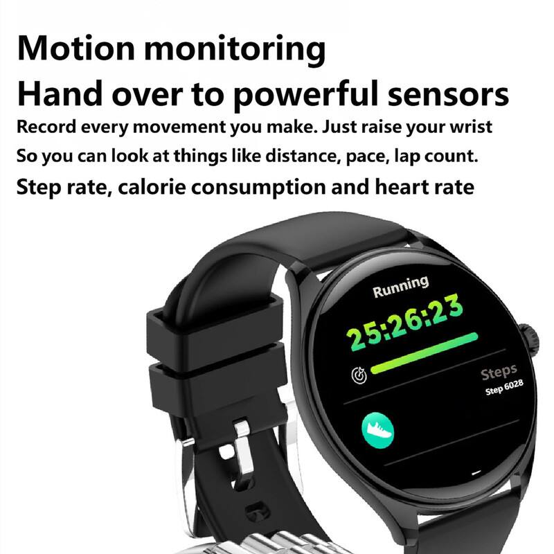 Motion monitoring  
Hand over to powerful sensors  
Record every movement you make. Just raise your wrist  
So you can look at things like distance, pace, lap count.  
Step rate, calorie consumption and heart rate  

Running  
25:26:23  
Steps 6028