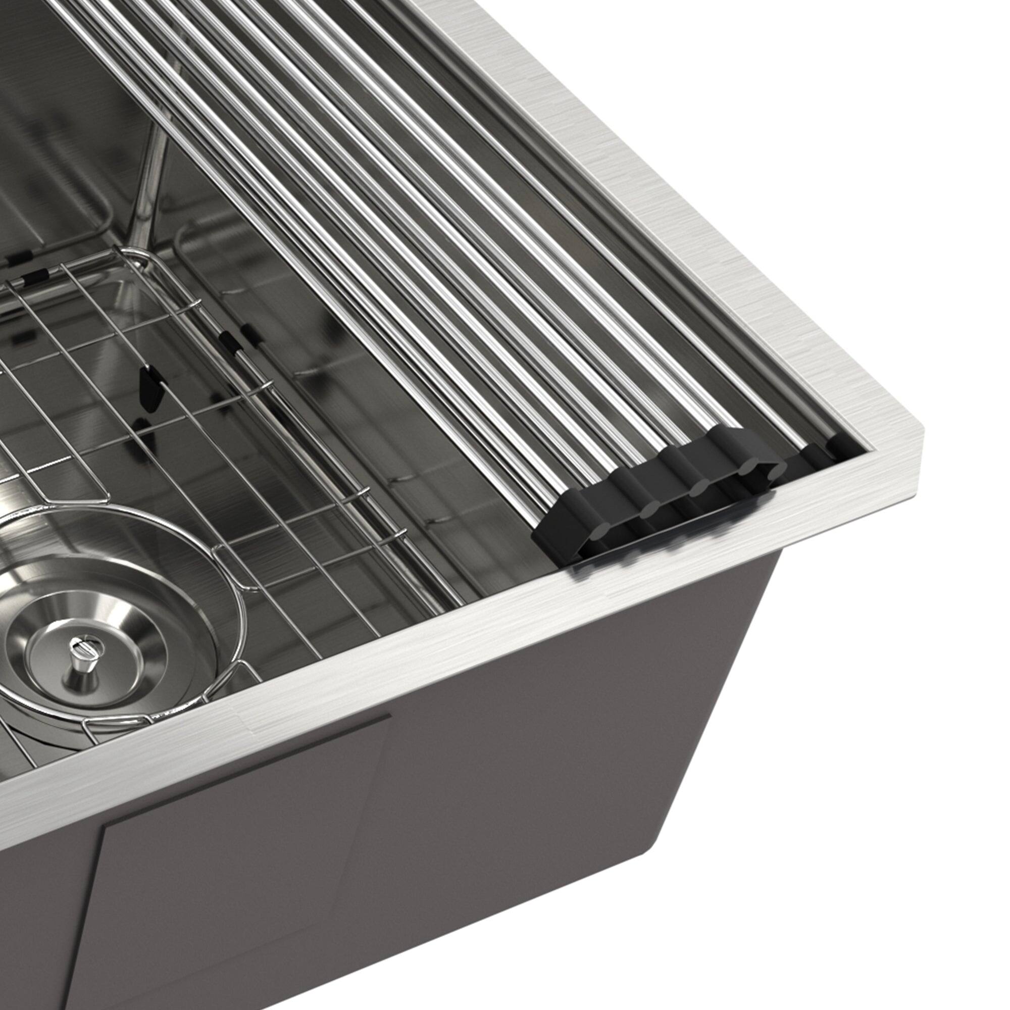 Angle. Boyel Living - 36 in. Undermount Single Bowl 18-Gauge Stainless Steel Kitchen Sink with Cutting Board, Rolling Drying Rack, Colander - Silver.