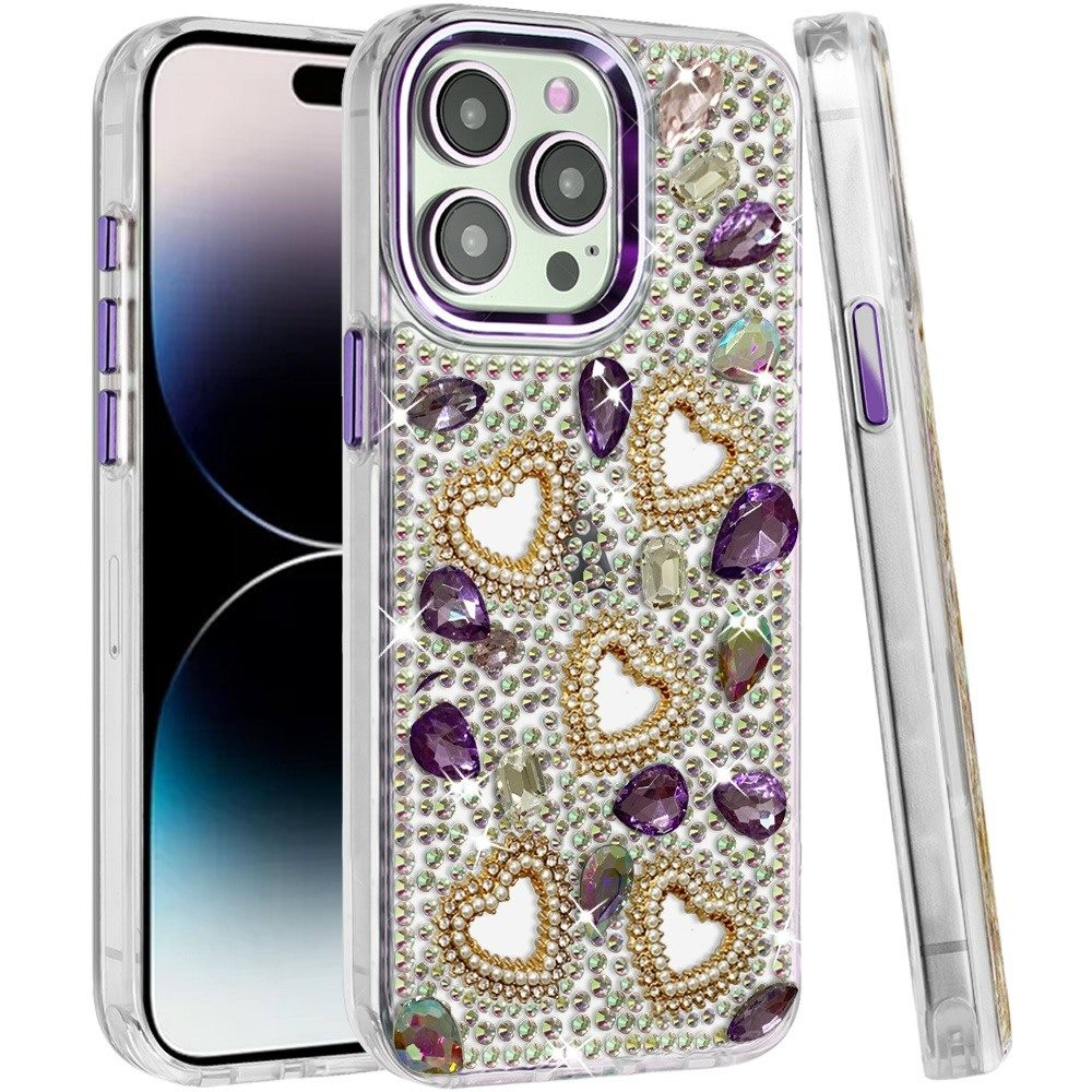 Angle. Kitcheniva - Full Bling Hearts And 3D Jewel Ornaments Case For iPhone 14 Pro Max Purple - Purple.