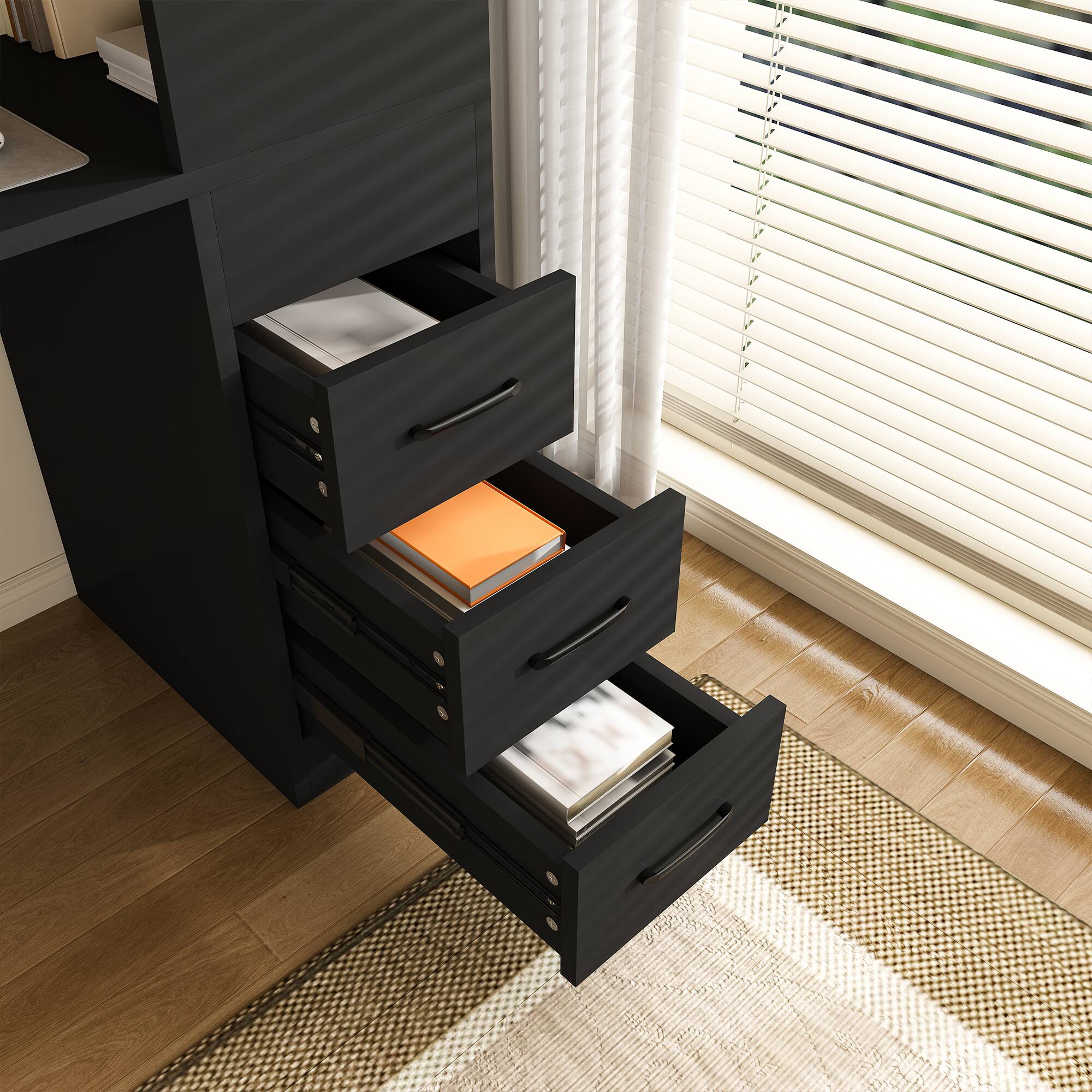 Alt View 8. Meqiodas - Computer Desk with 4-in-1 Socket, the Desk with 3 Slide Drawers and 4 Storage Levels, Wooden Desk for Home Office Desk - Black.