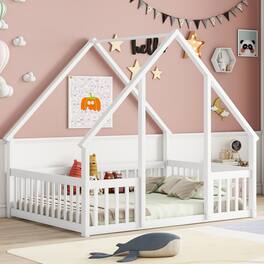GOODSILO - House-Shaped Floor Bed with Protective Fence and Guardrails for Children's Bedroom - White