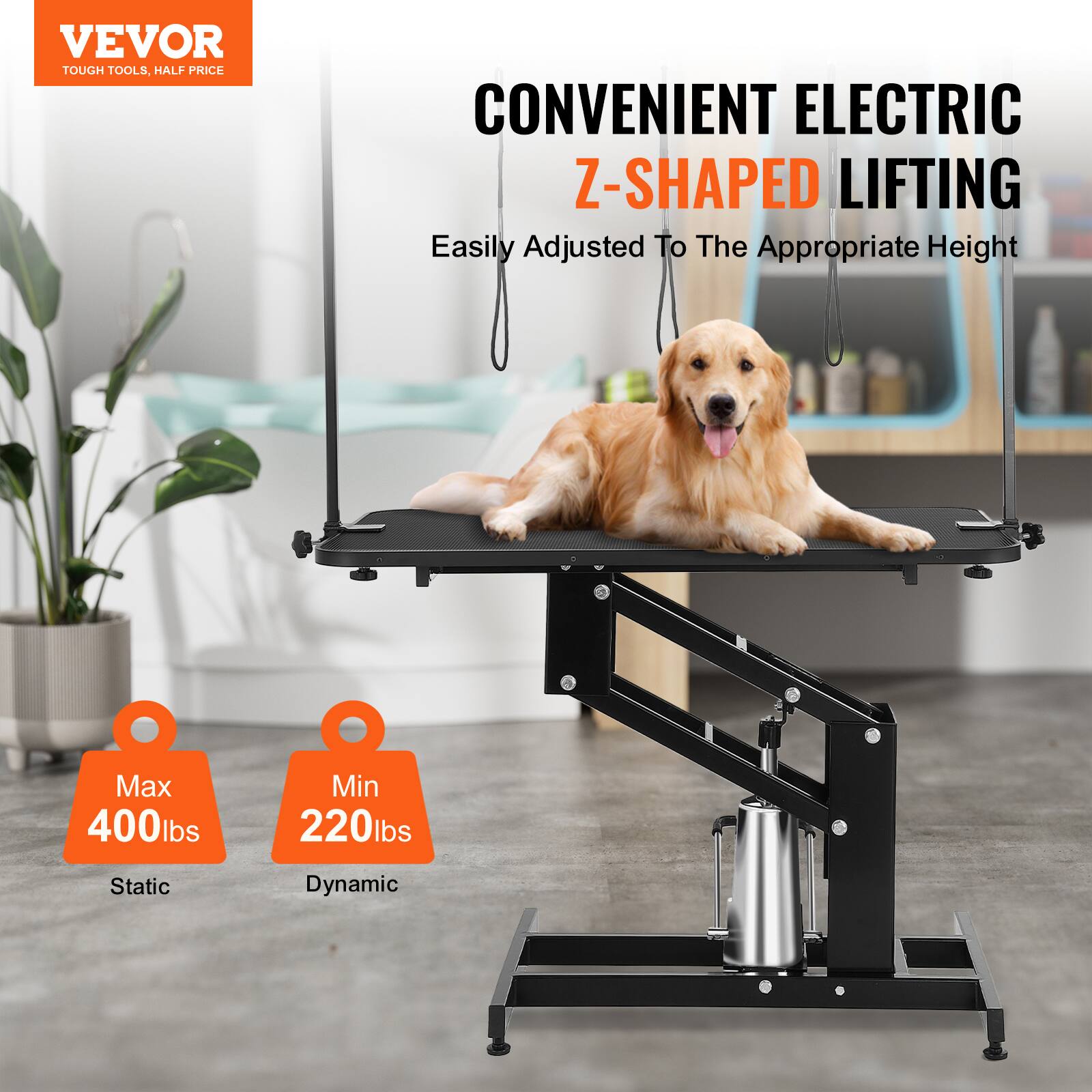 VEVOR  
TOUGH TOOLS, HALF PRICE  

CONVENIENT ELECTRIC Z-SHAPED LIFTING  
Easily Adjusted To The Appropriate Height  

Max 400lbs Static  
Min 220lbs Dynamic