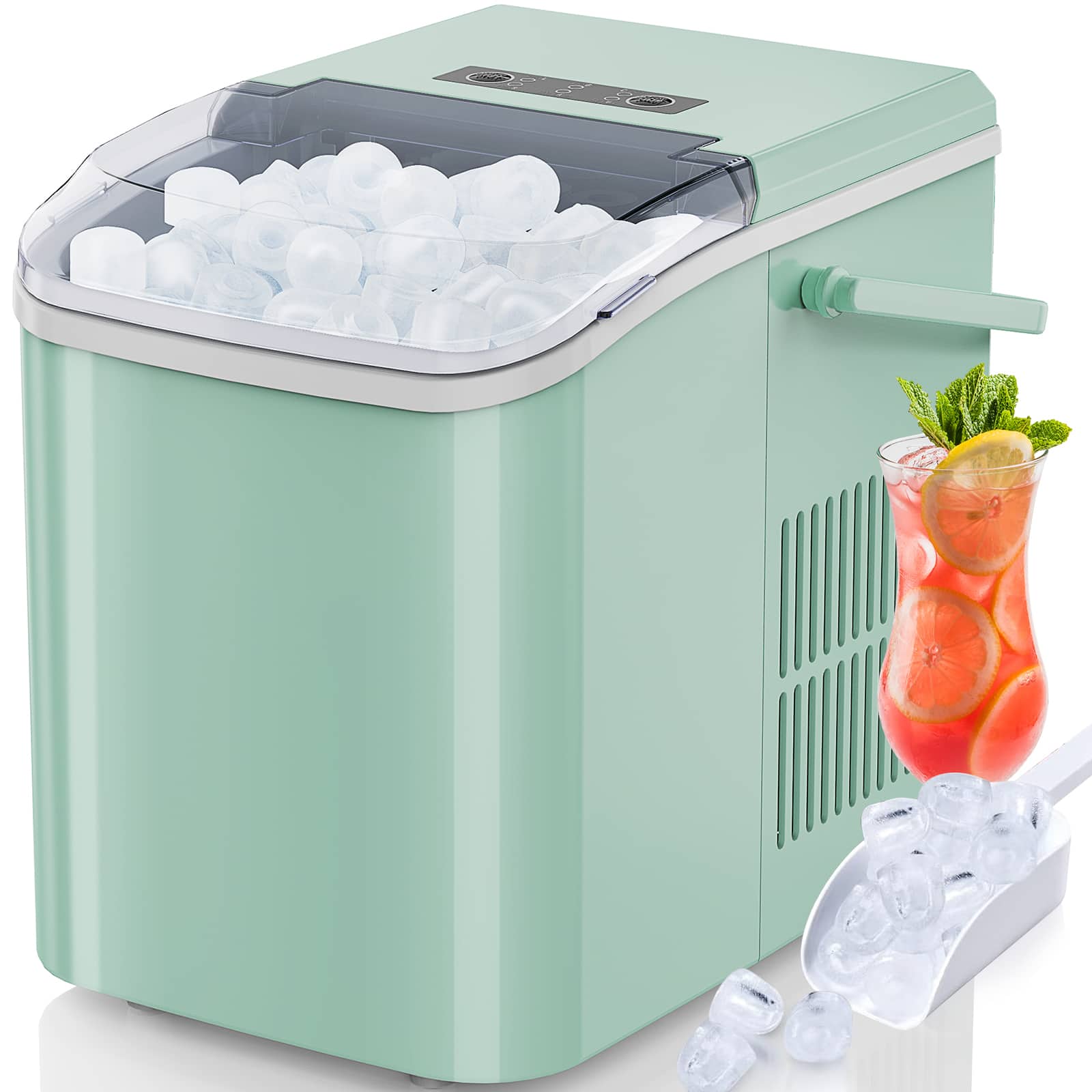 AENKYO - Portable Countertop Ice Maker, 9 Cubes in 6 Mins, 26lbs/Day. Self-Cleaning with Ice Scoop, Basket and Handle - Green