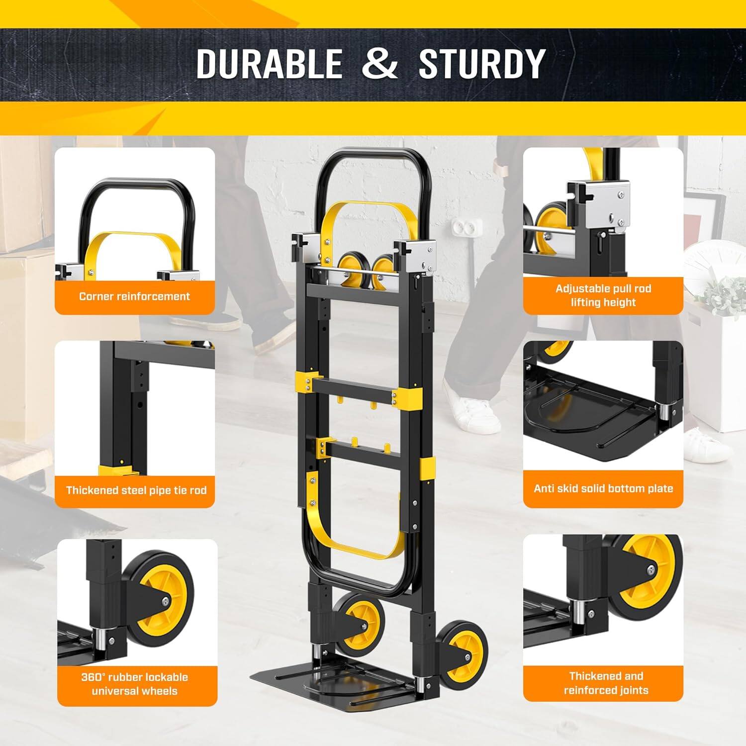 DURABLE & STURDY

- Corner reinforcement
- Adjustable pull rod lifting height
- Thickened steel pipe tie rod
- Anti skid solid bottom plate
- 360° rubber lockable universal wheels
- Thickened and reinforced joints