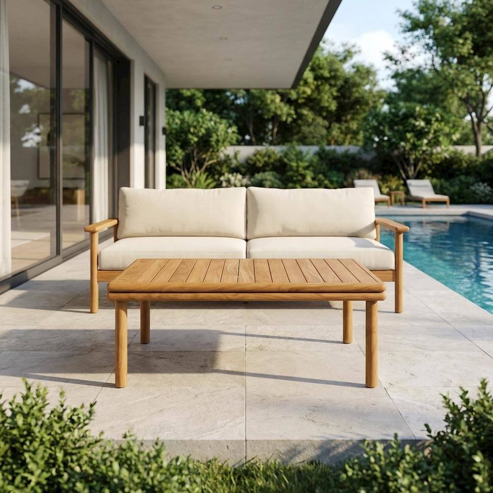 Left. Outdoor Escape - Modern Teak Wood Outdoor Coffee Table for Patio or Garden Use - Brown.