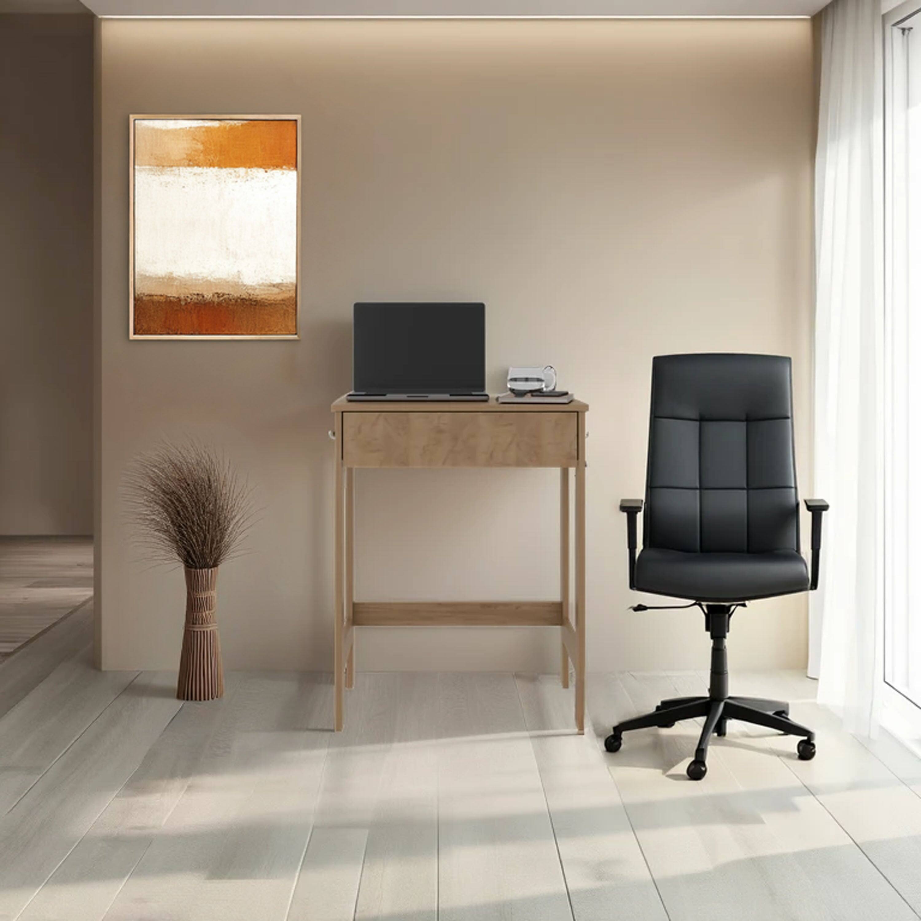 Front. TuHome - Hills Computer Desk With 2 Side Shelves And Spacious Worksurface - Natural Oak.