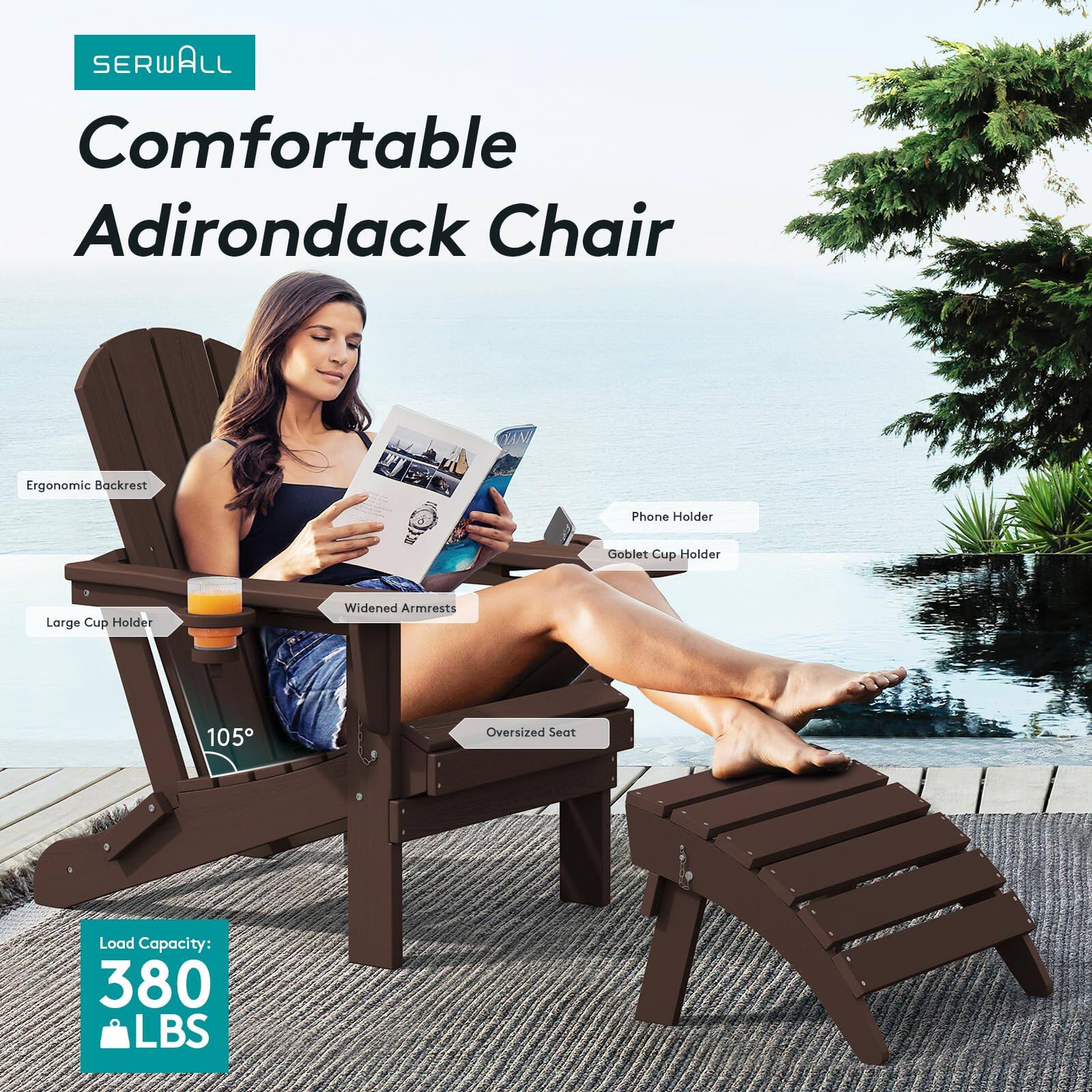 SERWALL Comfortable Adirondack Chair Ergonomic Backrest Phone Holder Goblet Cup Holder Large Cup Holder Widened Armrests 105 Oversized Seat Load Capacity: 380 LBS