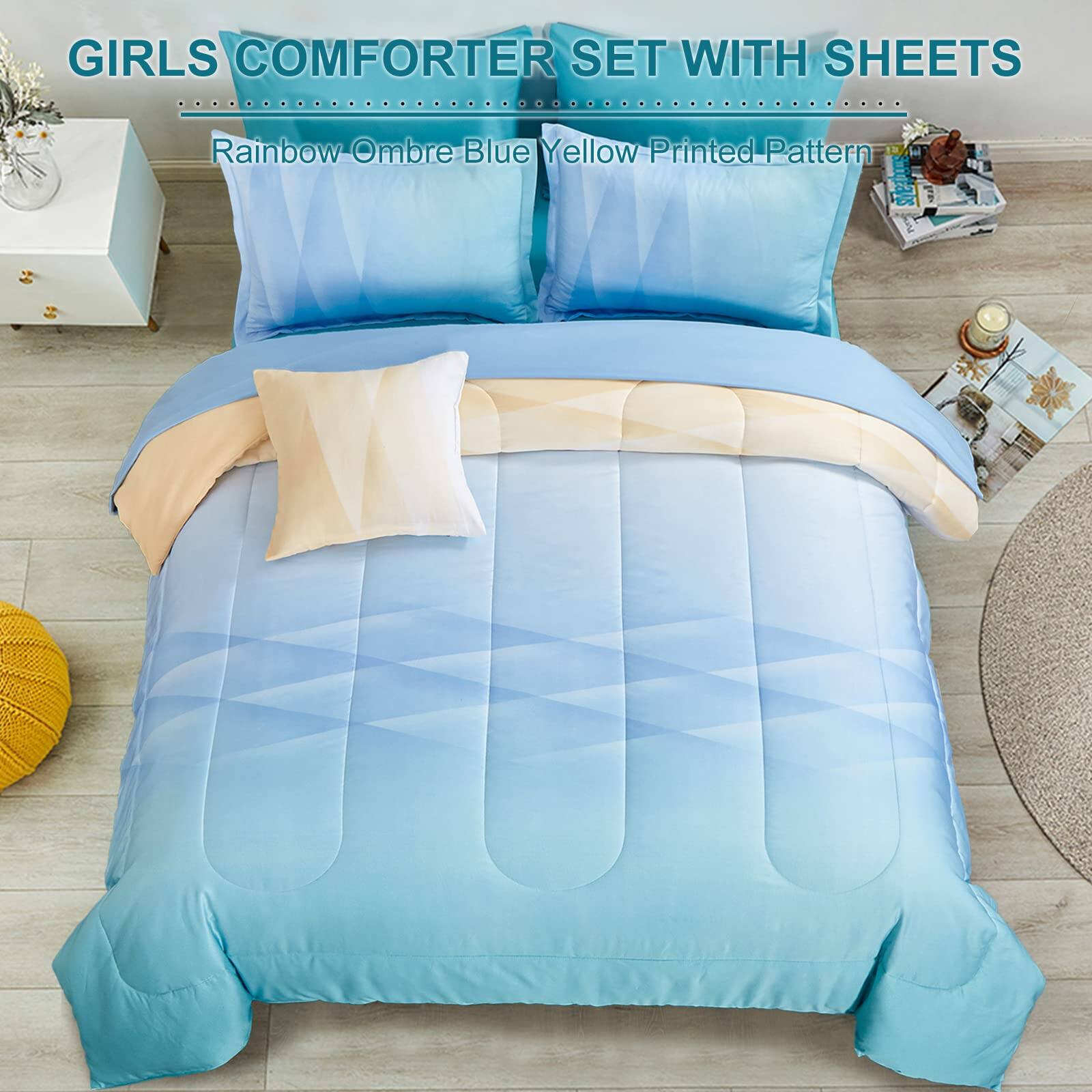 GIRLS COMFORTER SET WITH SHEETS  
Rainbow Ombre Blue Yellow Printed Pattern