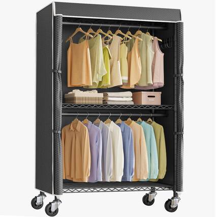 Front. Cedar Assembly - R2c Medium Heavy Duty Clothes Rack Rolling Garment With Cover Adjustable Clothing For Hanging Portable Clos... - Black Rack with Black Cover R2C.