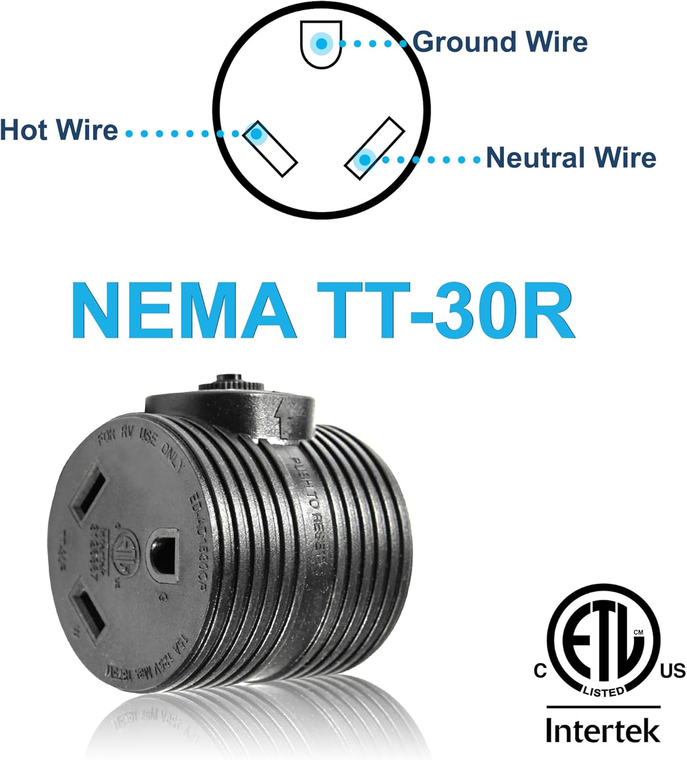 Ground Wire  
Hot Wire  
Neutral Wire  
NEMA TT-30R  
FOR RV USE ONLY  

ETL US LISTED  
Intertek
