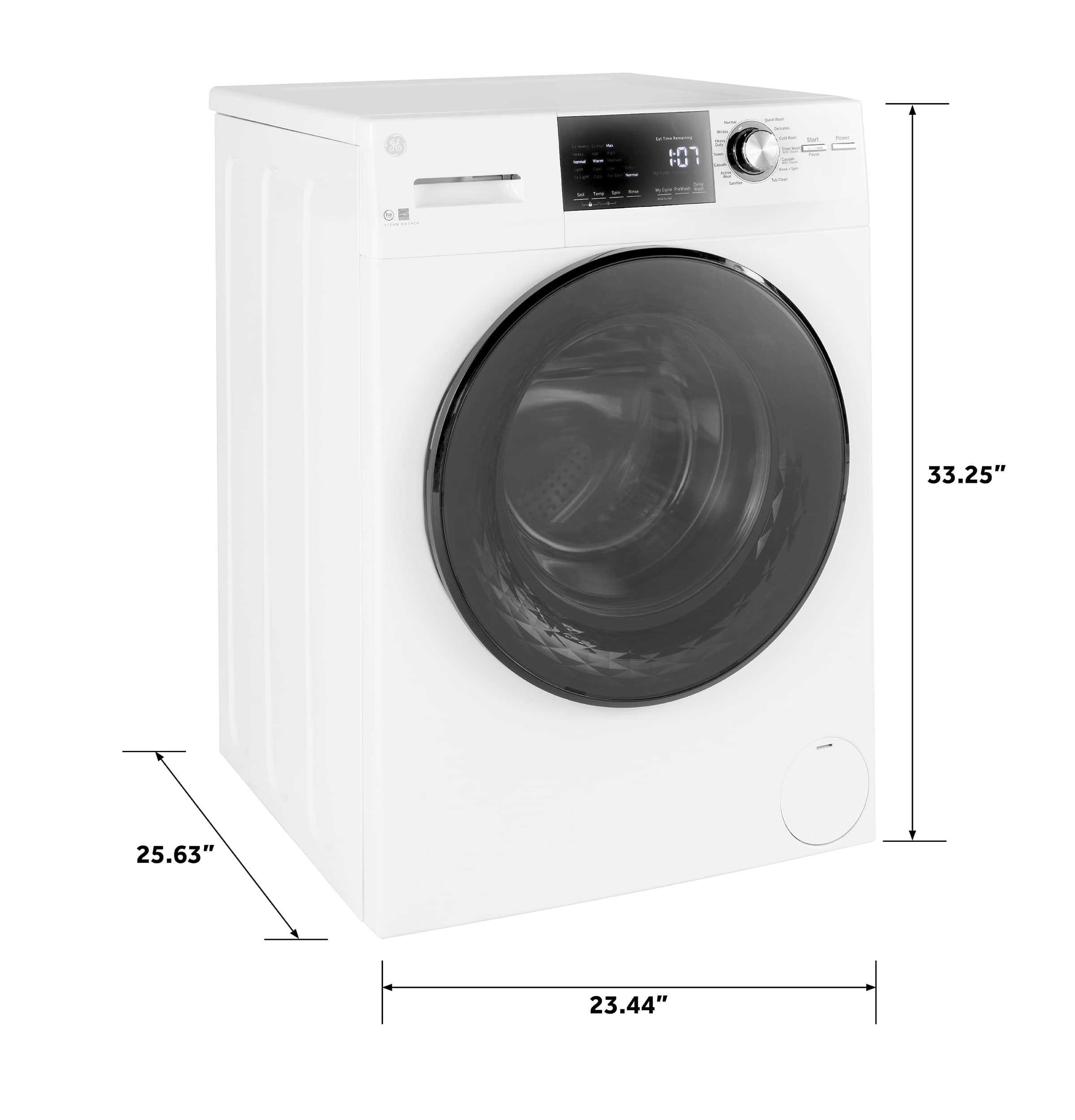 The image features a white washing machine with a black door. The machine has a digital display and is designed to be energy efficient. The washing machine measures 33.25" in height, 25.63" in width, and 23.44" in depth.