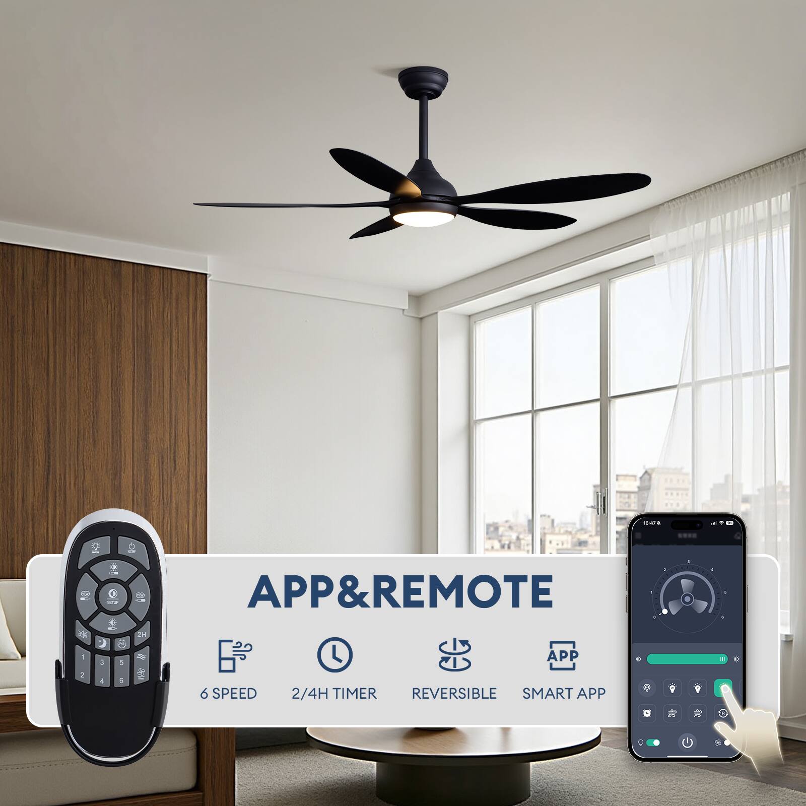 10:47a

APP & REMOTE
APP
2
4
6
6 SPEED
2/4H TIMER REVERSIBLE SMART APP