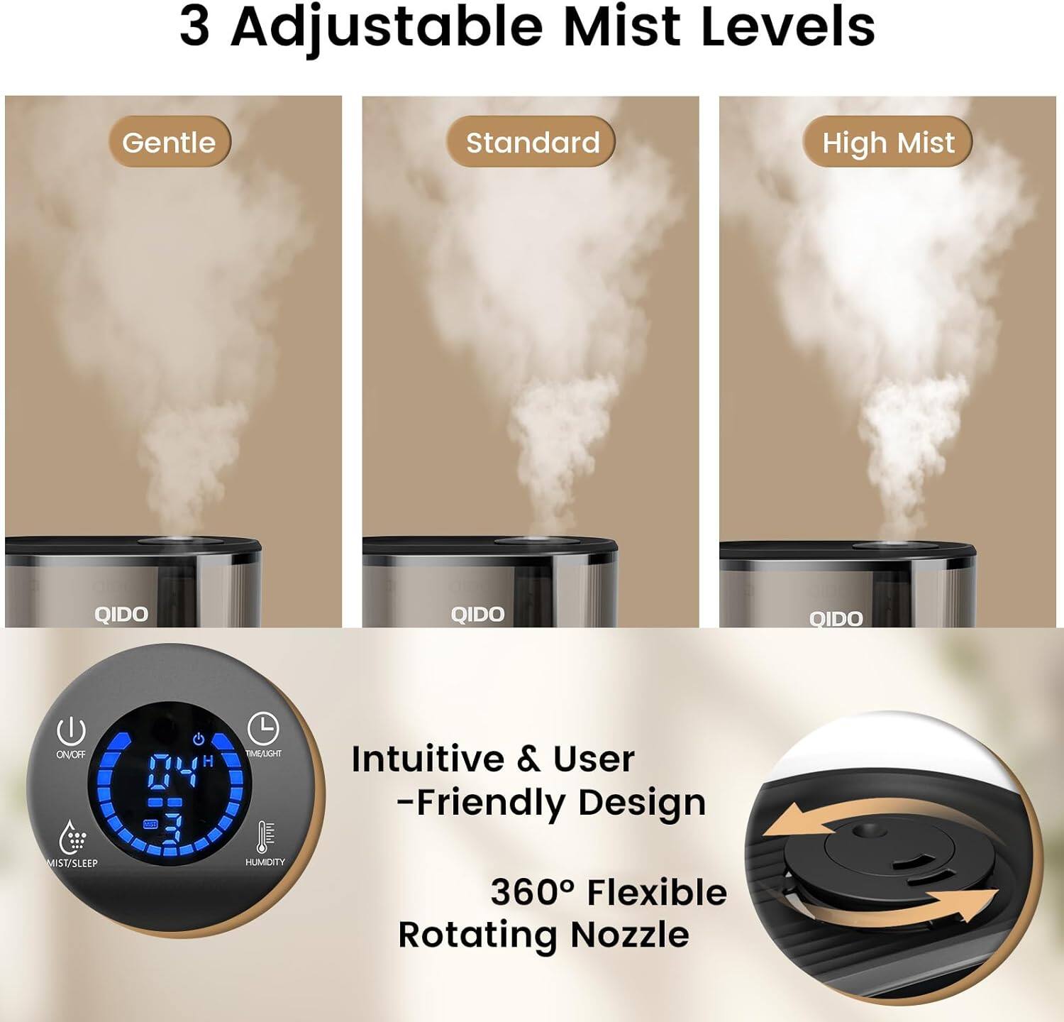 3 Adjustable Mist Levels  
Gentle  
Standard  
High Mist  

QIDO  

Intuitive & User-Friendly Design  

360° Flexible Rotating Nozzle