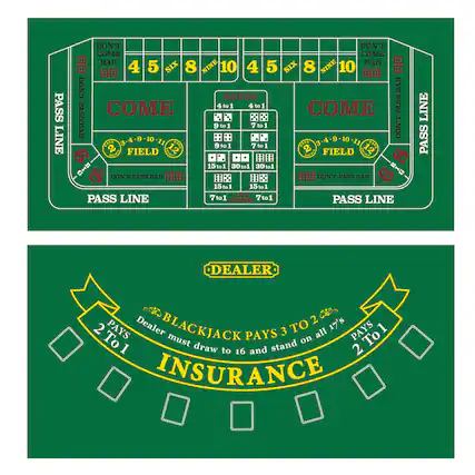 PASS LINE, DON'T COME, COME, DON'T BAR, BAR, SEVEN, FIELD, PASS LINE, DEALER, INSURANCE.