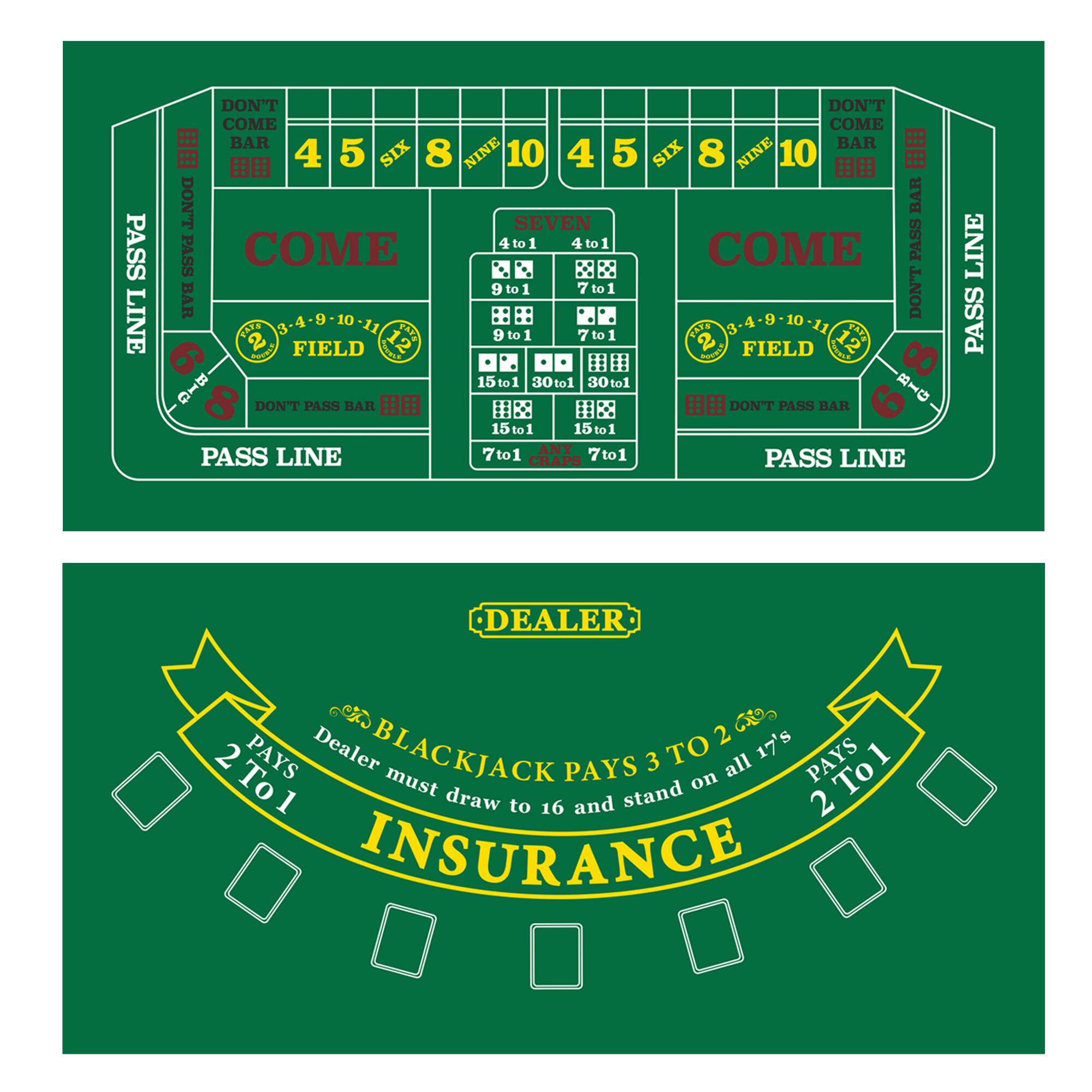 PASS LINE, DON'T COME, COME, DON'T BAR, BAR, SEVEN, FIELD, PASS LINE, DEALER, INSURANCE.