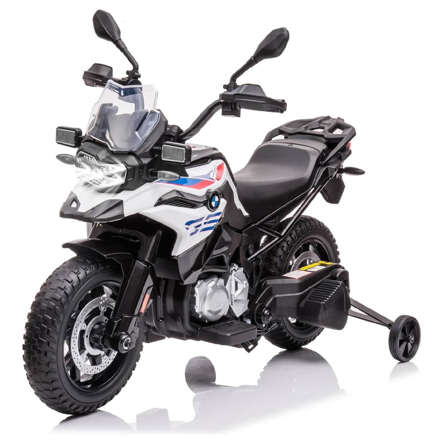 GARVEE - Licensed BMW Kids Electric Motorcycle, 12v Ride on Toy with Training Wheels, Dual Speed, MP3 Music - White