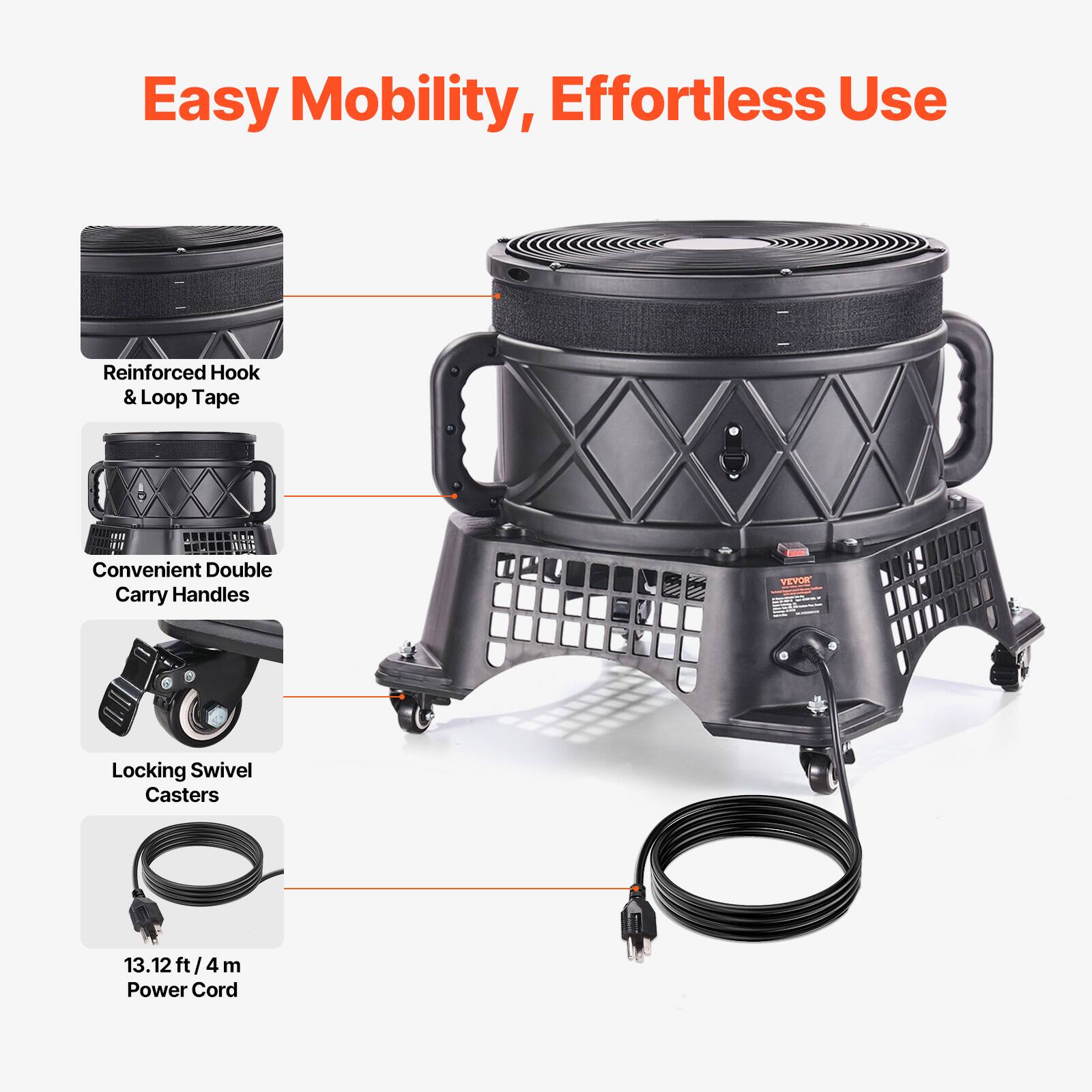 Easy Mobility, Effortless Use

- Reinforced Hook & Loop Tape
- Convenient Double Carry Handles
- YEVOR Locking Swivel Casters
- 13.12ft/4m Power Cord