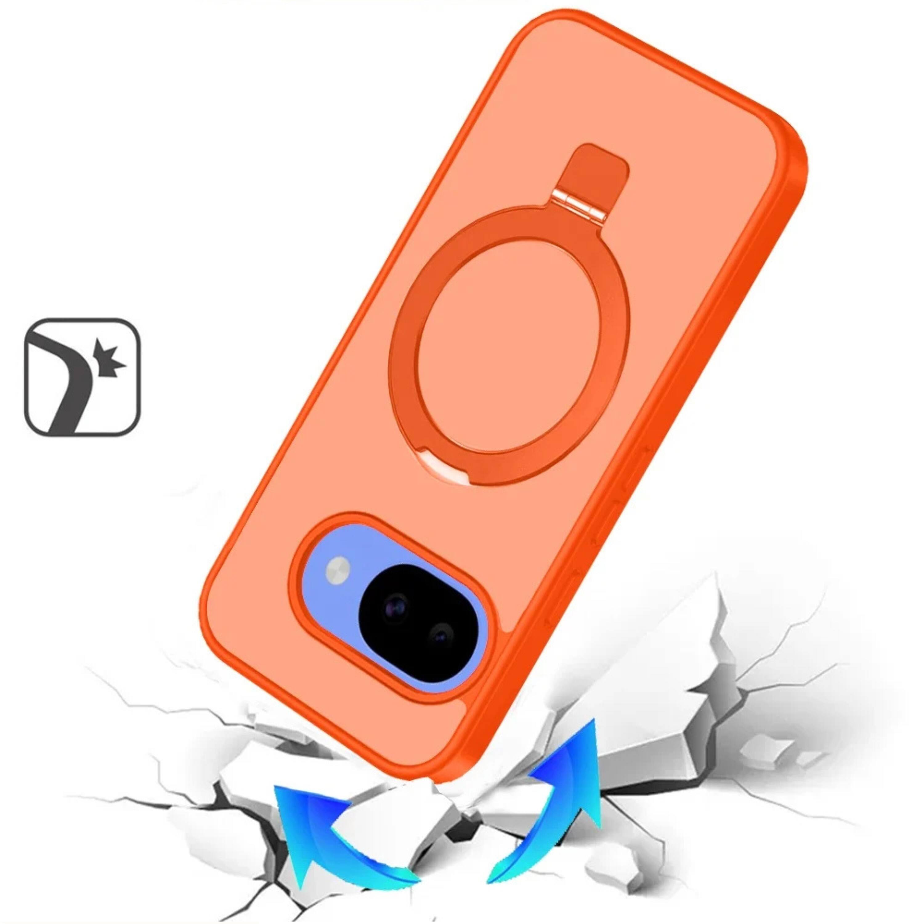 Angle. Kitcheniva - Matte Finish Metal Circle Ring Stand Rugged Cover Phone Case With Tempered Glass For Google Pixel 10a Cosmic Orange - Cosmic Orange.