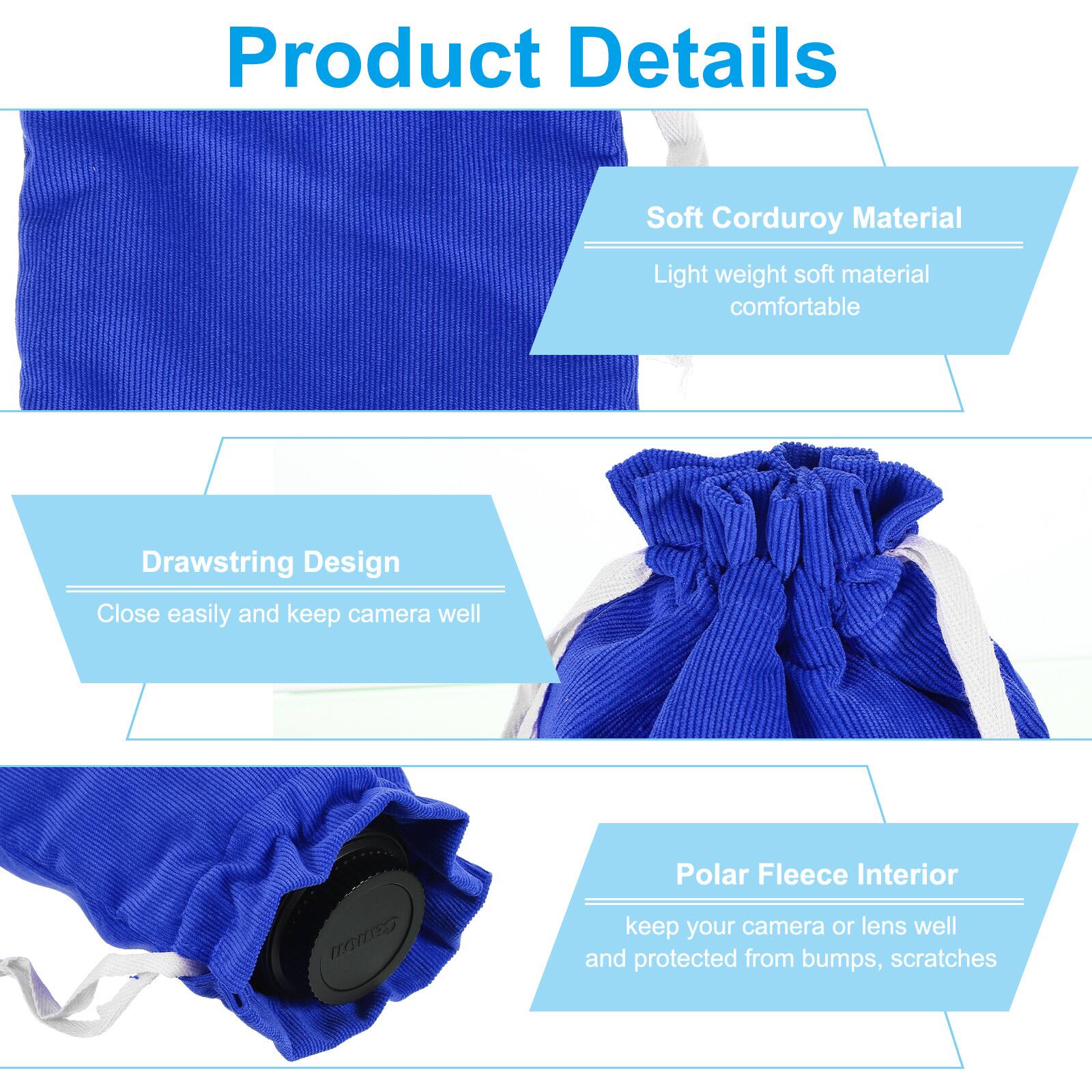 Product Details

- Soft Corduroy Material
  - Light weight soft material comfortable

- Drawstring Design
  - Close easily and keep camera well

- Polar Fleece Interior
  - Keep your camera or lens well and protected from bumps, scratches