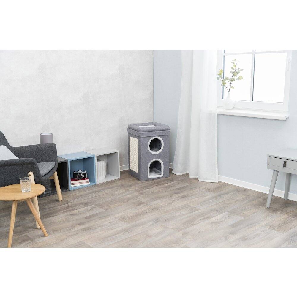 Angle. TRIXIE - Saul 25" Cat Tower, 2-Story Cat Condo, Sisal Cat Scratcher, Cat Cube, Gray - Gray.