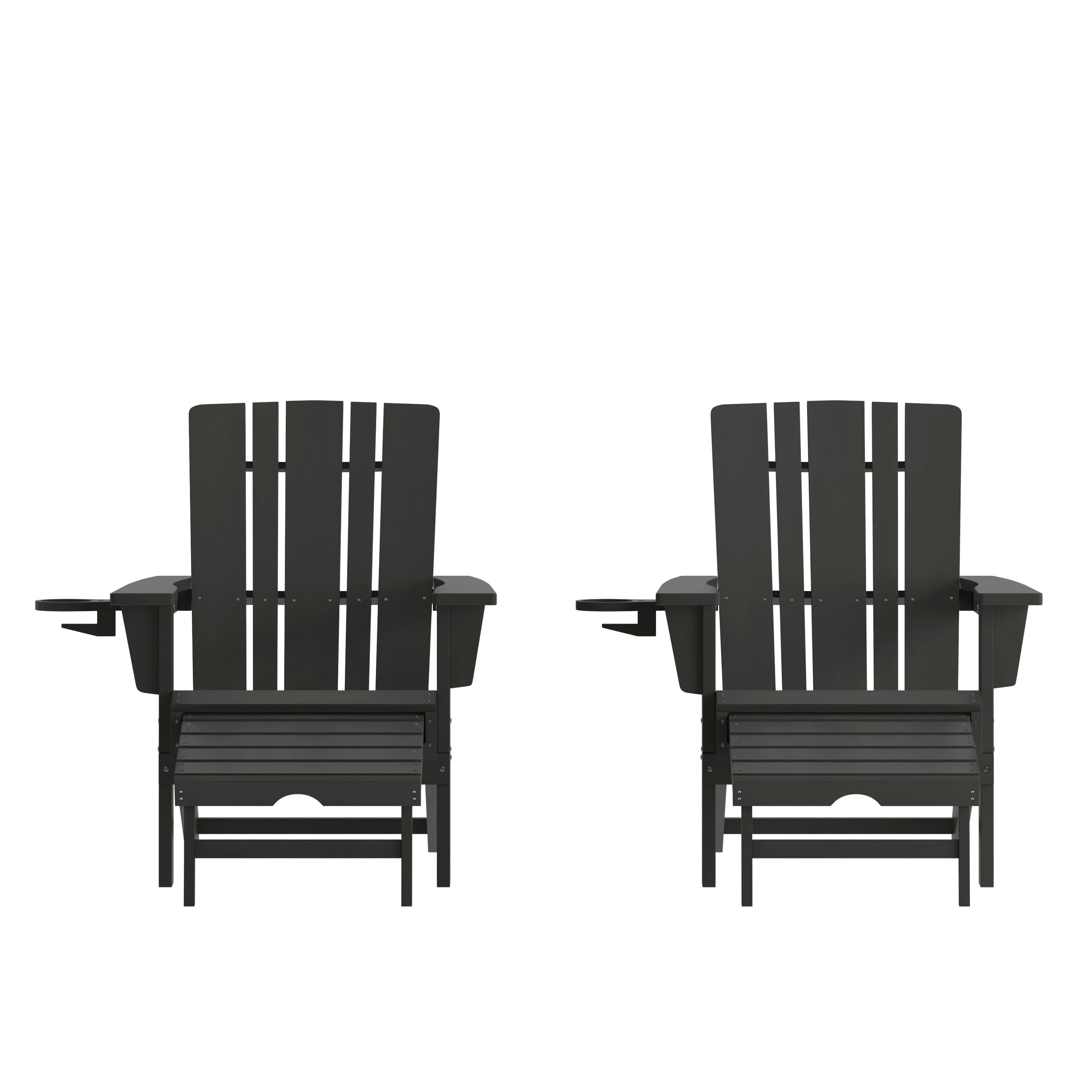 Emma + Oliver - Haley Set of 2 Adirondack Chairs with Cup Holders and Pull Out Ottoman, All-Weather HDPE Indoor/Outdoor Lounge Chairs - Black price history on PriceWatchPro