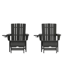 Emma + Oliver - Haley Set of 2 Adirondack Chairs with Cup Holders and Pull Out Ottoman, All-Weather HDPE Indoor/Outdoor Lounge Chairs - Black