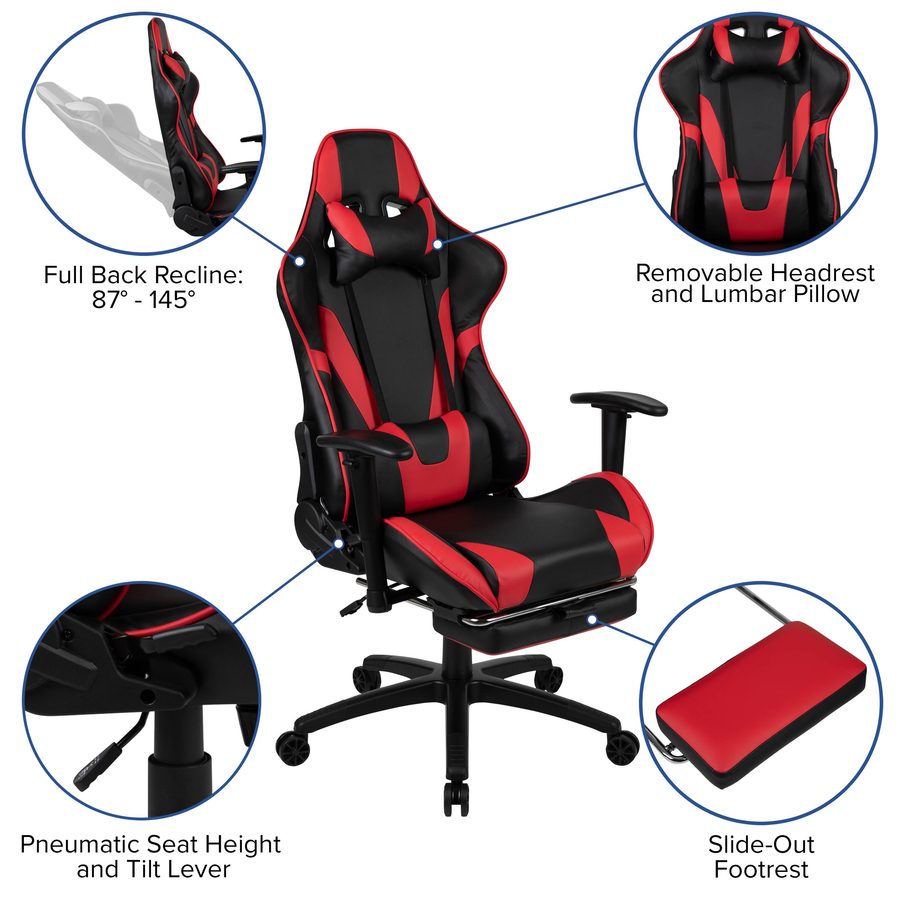 Full Back Recline: 87° - 145°  
Removable Headrest and Lumbar Pillow  
Pneumatic Seat Height and Tilt Lever  
Slide-Out Footrest