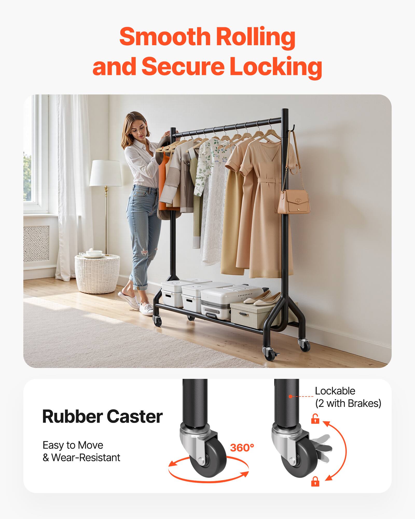 Smooth Rolling and Secure Locking

Rubber Caster
Easy to Move & Wear-Resistant

Lockable (2 with Brakes)