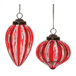 BreeBe - Ribbed Crackle Glass Ornament (Set of 6) - Red