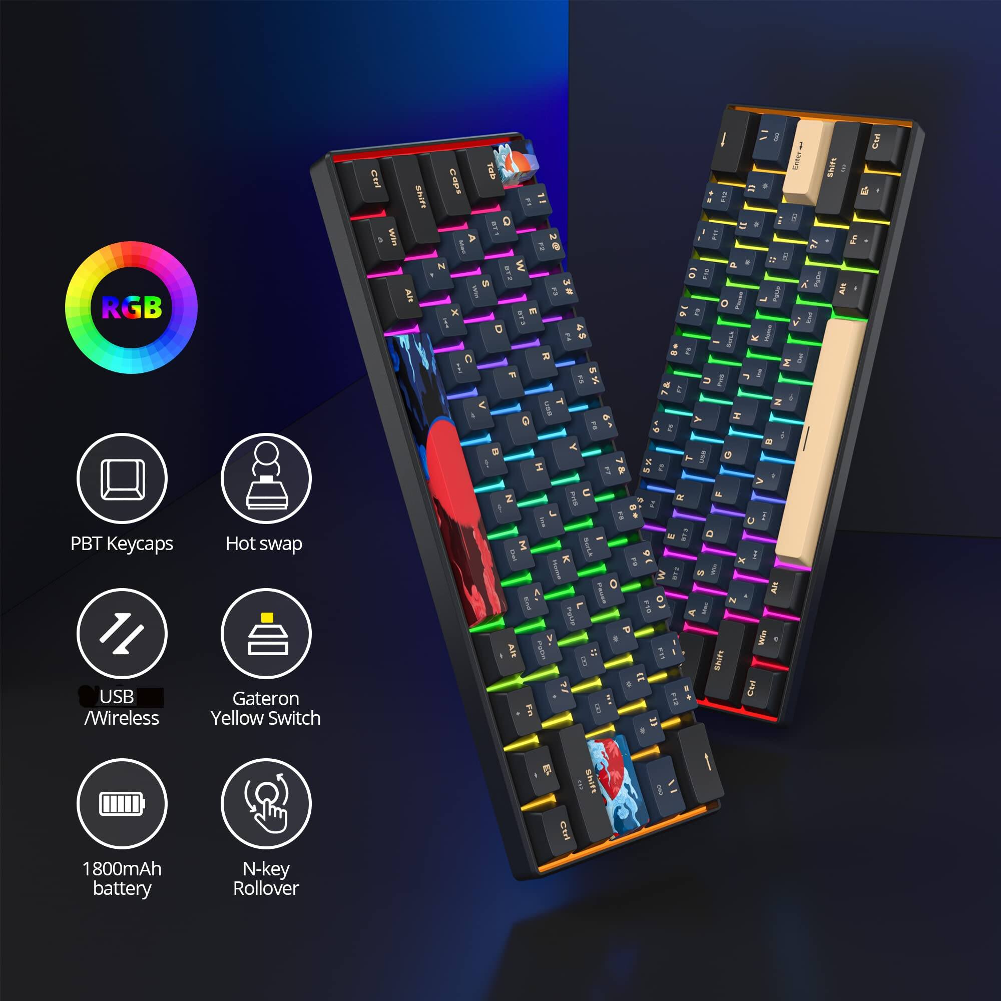 - RGB
- PBT Keycaps
- Hot swap
- USB / Wireless
- Gateron Yellow Switch
- 1800mAh battery
- N-key Rollover