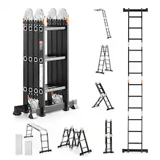 Front. VEVOR - Multi-Purpose Folding Ladder, 7-in-1 Tall Extension Step Ladder,A Frame 3 Step with Scaffolding Plank Telescoping Ladder - Black.