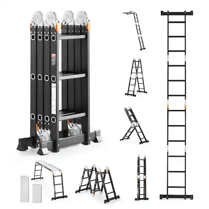 Front. VEVOR - Multi-Purpose Folding Ladder, 7-in-1 Tall Extension Step Ladder,A Frame 3 Step with Scaffolding Plank Telescoping Ladder - Black.
