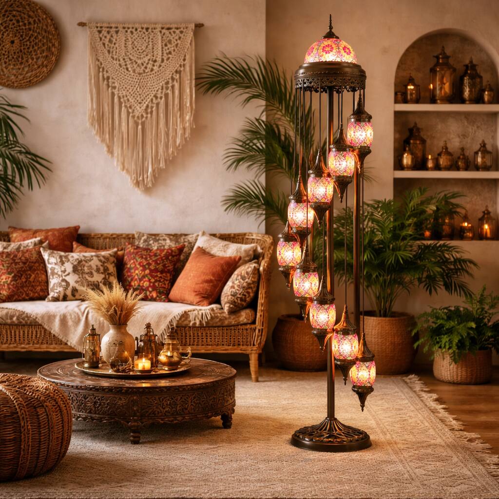 Front. FC Design - 81"H Bronze Base Spiral Turkish Lamp w/ 9 Hanging Lantern Bulbs.