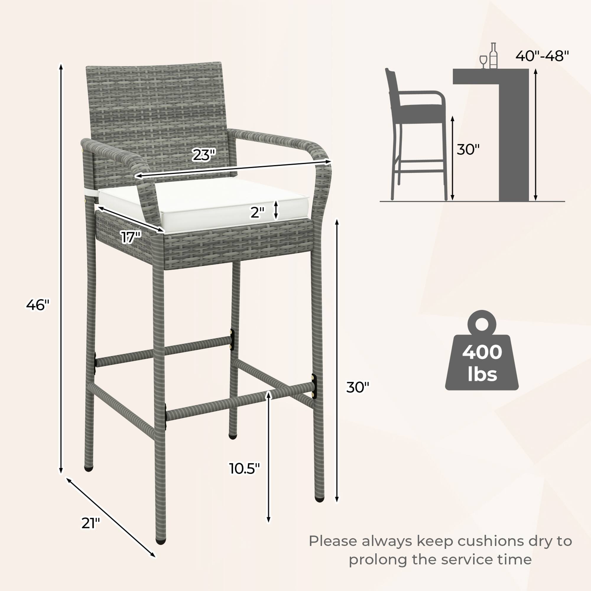 40"-48"  
23"  
30"  
17"  
2"  
46"  
30"  
400 lbs  
10.5"  
21"  

Please always keep cushions dry to prolong the service time