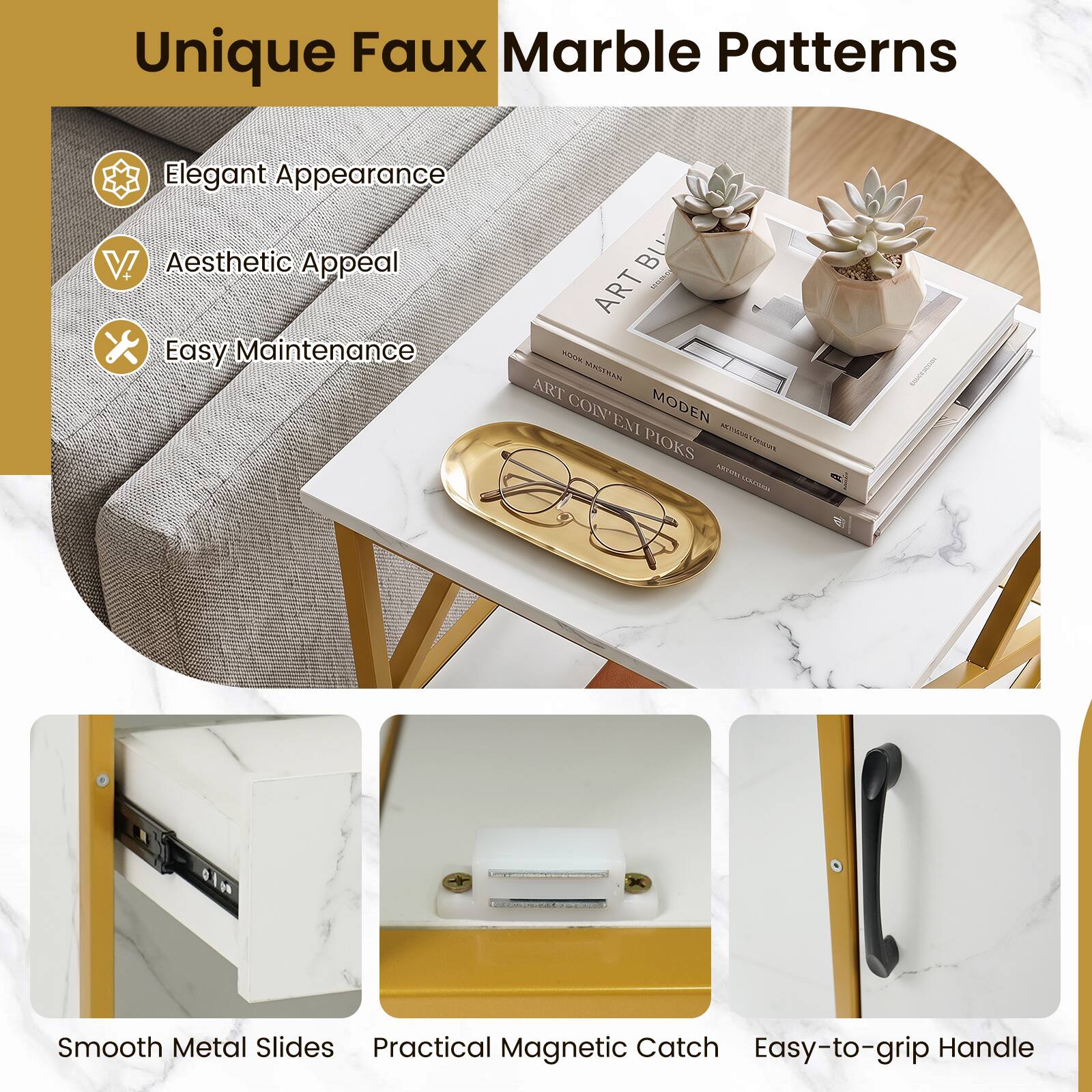 Unique Faux Marble Patterns

Elegant Appearance  
Aesthetic Appeal  
Easy Maintenance  

Smooth Metal Slides  
Practical Magnetic Catch  
Easy-to-grip Handle