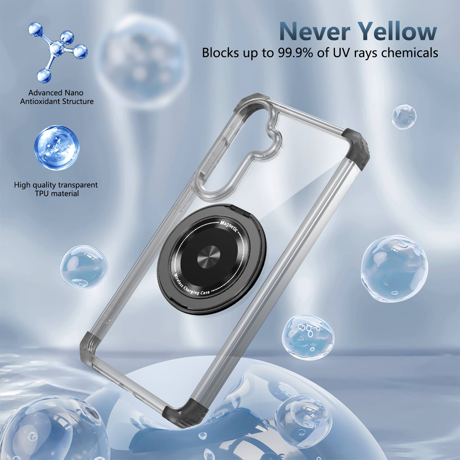 Never Yellow  
Blocks up to 99.9% of UV rays chemicals  
Advanced Nano Antioxidant Structure  
High quality transparent TPU material  
Magnetic Atol Charging Case
