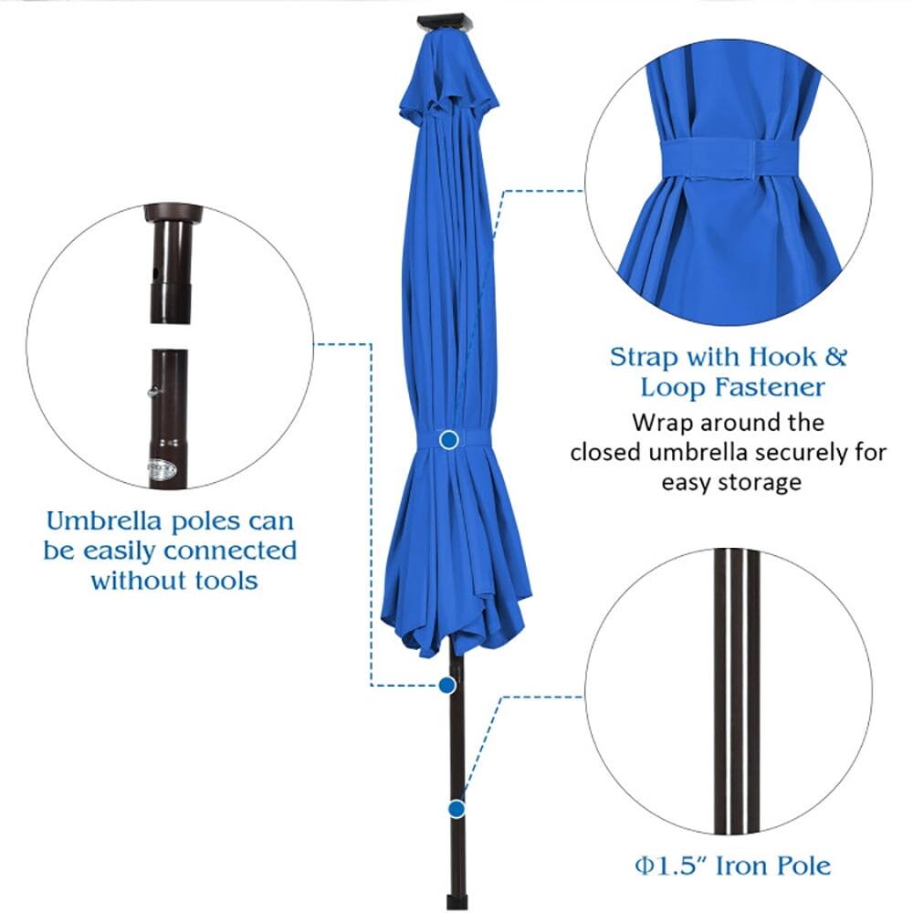 Umbrella poles can be easily connected without tools. Strap with Hook & Loop Fastener: Wrap around the closed umbrella securely for easy storage. 1.5" Iron Pole.