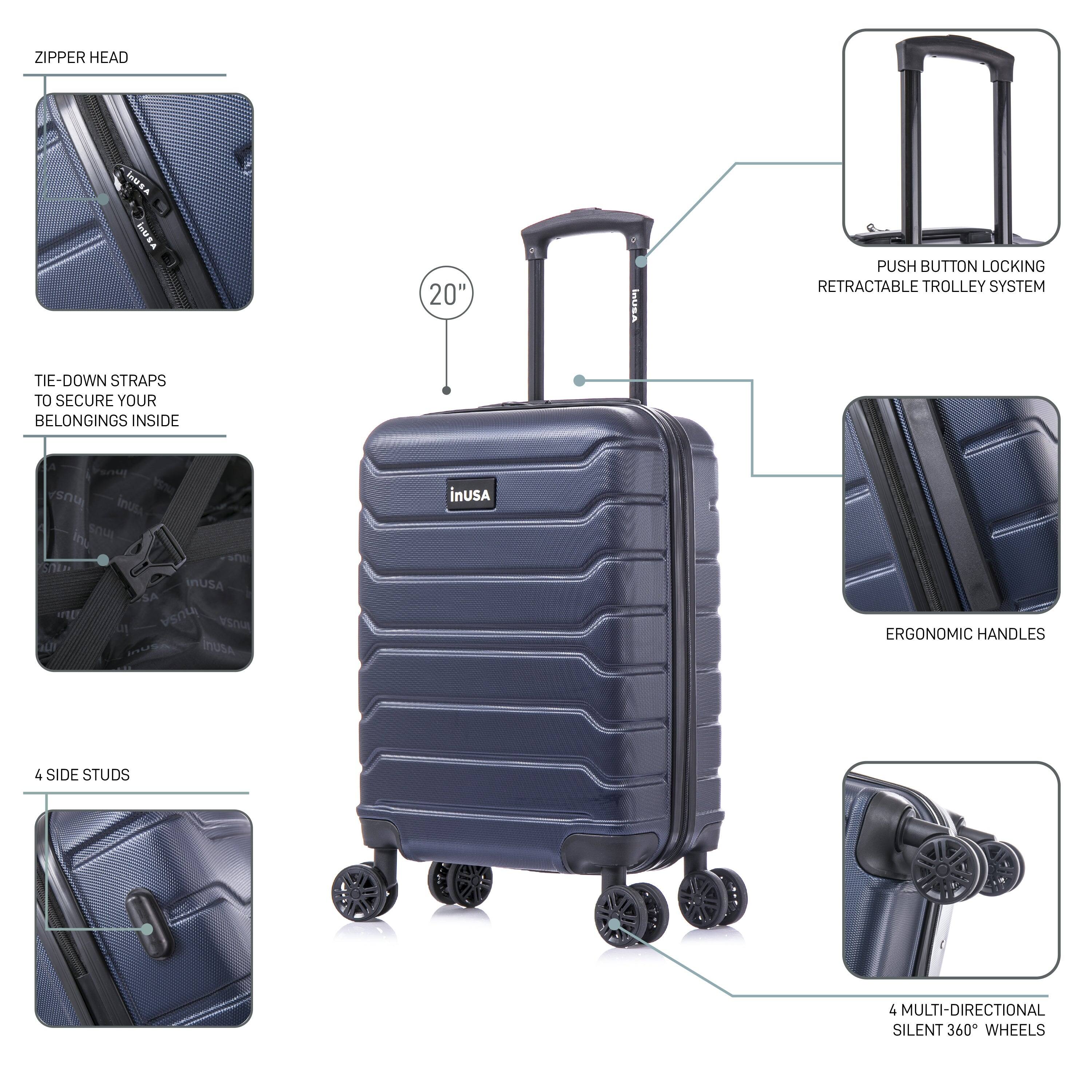 ZIPPER HEAD  
20"  
TIE-DOWN STRAPS TO SECURE YOUR BELONGINGS INSIDE  
PUSH BUTTON LOCKING RETRACTABLE TROLLEY SYSTEM  
ERGONOMIC HANDLES  
4 SIDE STUDS  
4 MULTI-DIRECTIONAL SILENT 360° WHEELS