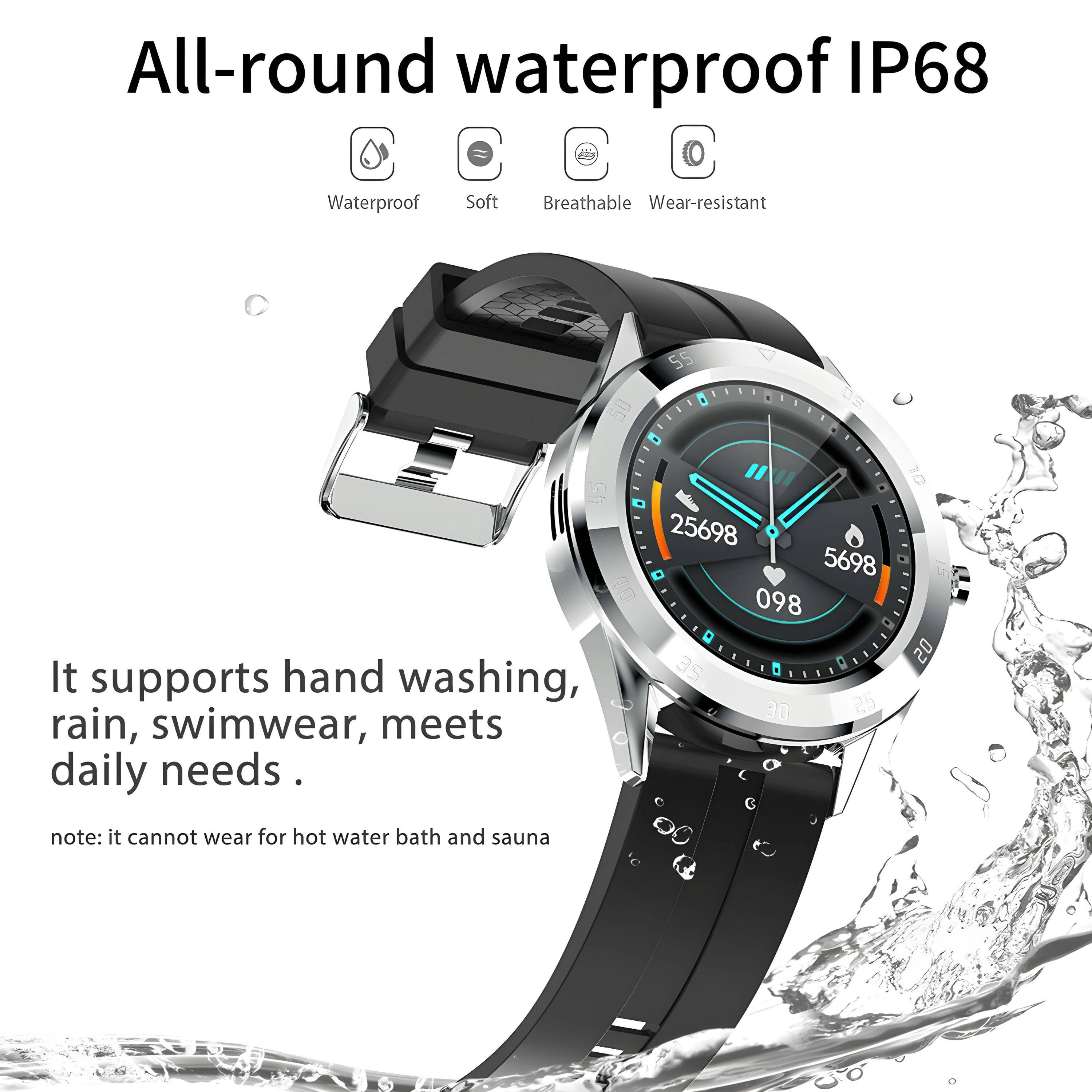 All-round waterproof IP68

Waterproof  
Soft  
Breathable  
Wear-resistant

It supports hand washing, rain, swimwear, meets daily needs.

note: it cannot wear for hot water bath and sauna