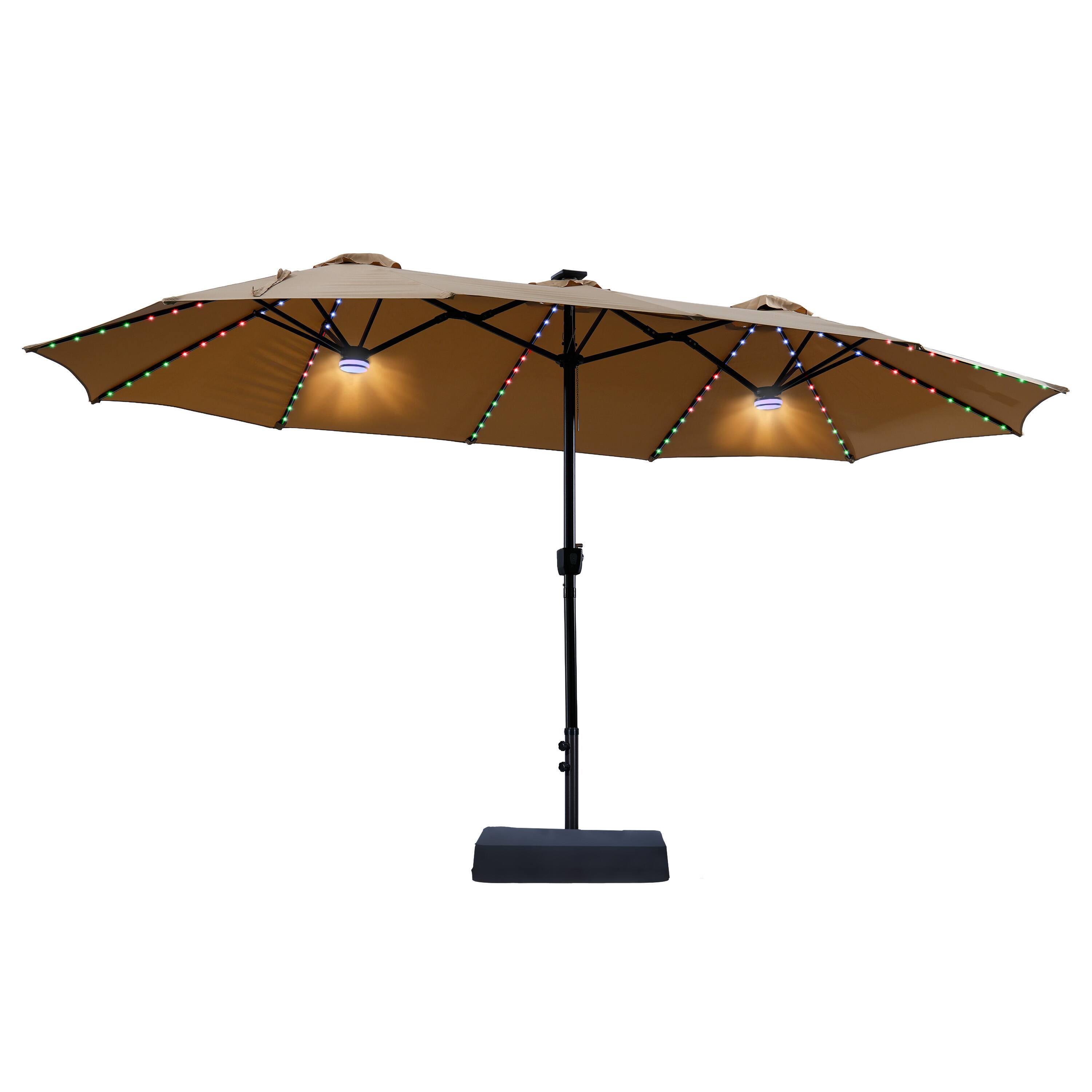 Mondawe - 15ft Double-Sided Solar RGB LED Patio Umbrella with Base, Dual Charging - Tan